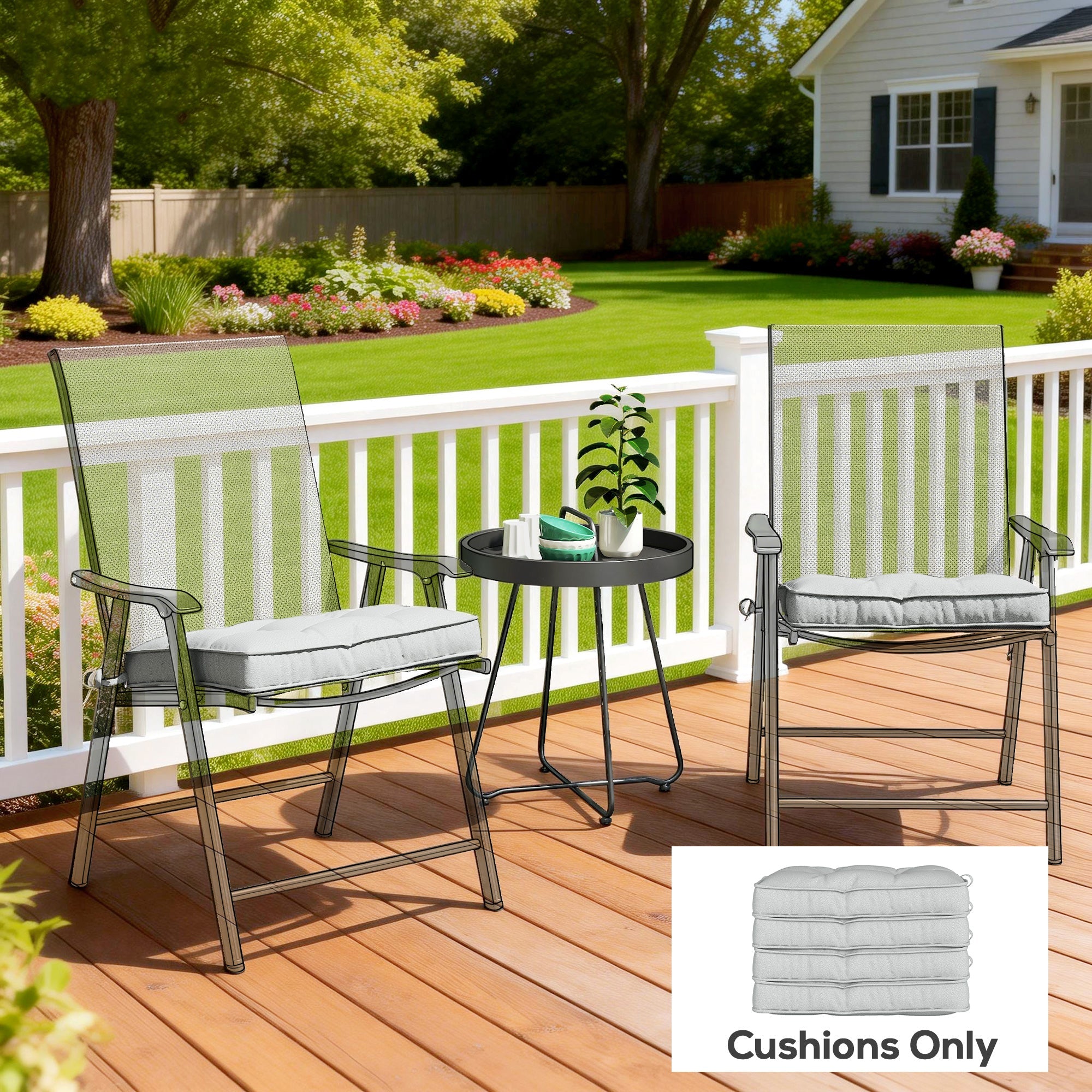 Outsunny Set of 4 Garden Seat Cushion with Ties, 42 x 42cm Replacement Dining Chair Seat Pad, Light Grey