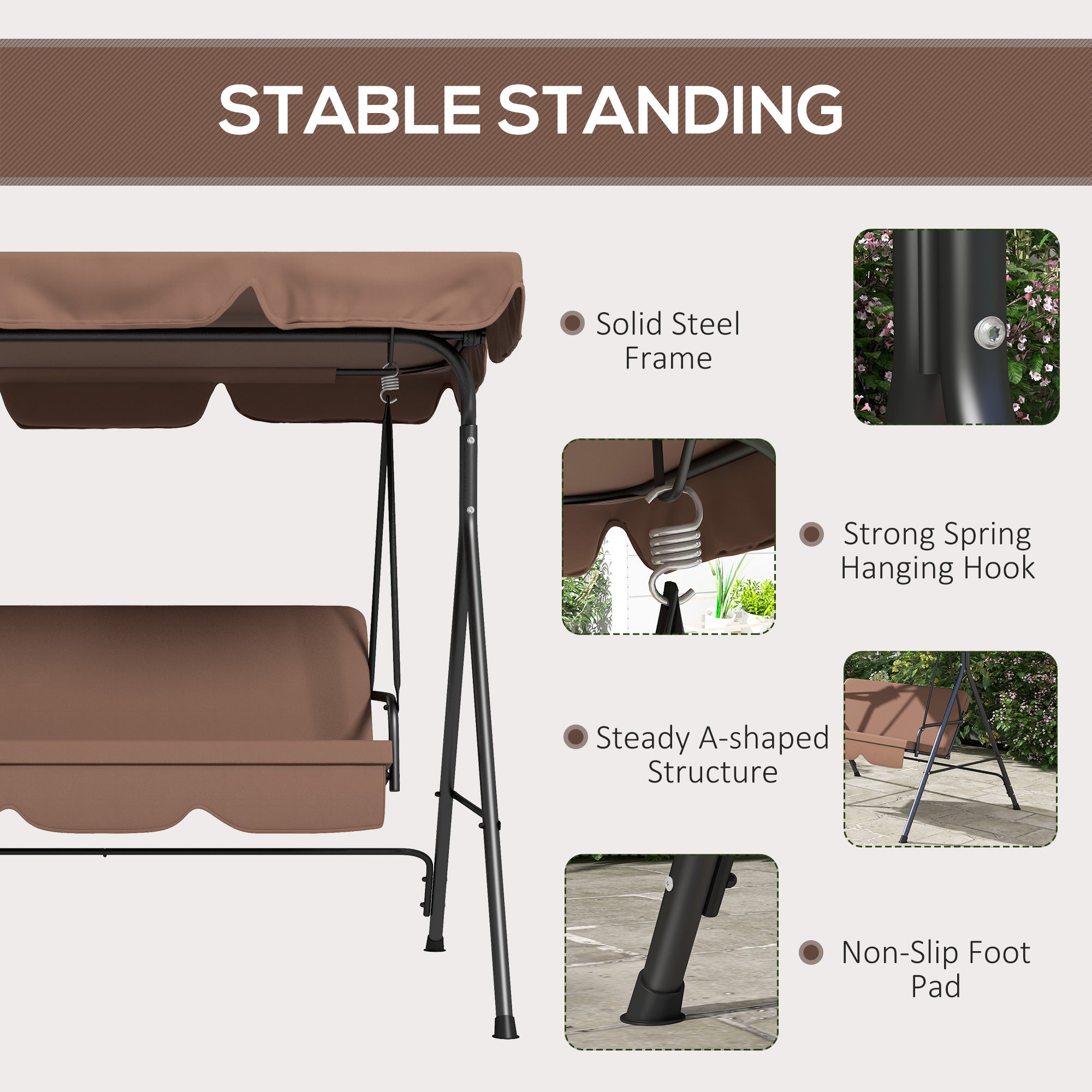 Outsunny 3 Seater Garden Swing Chair, Outdoor Swing Chair with Adjustable Canopy, Mental Frame & Cushions, Brown