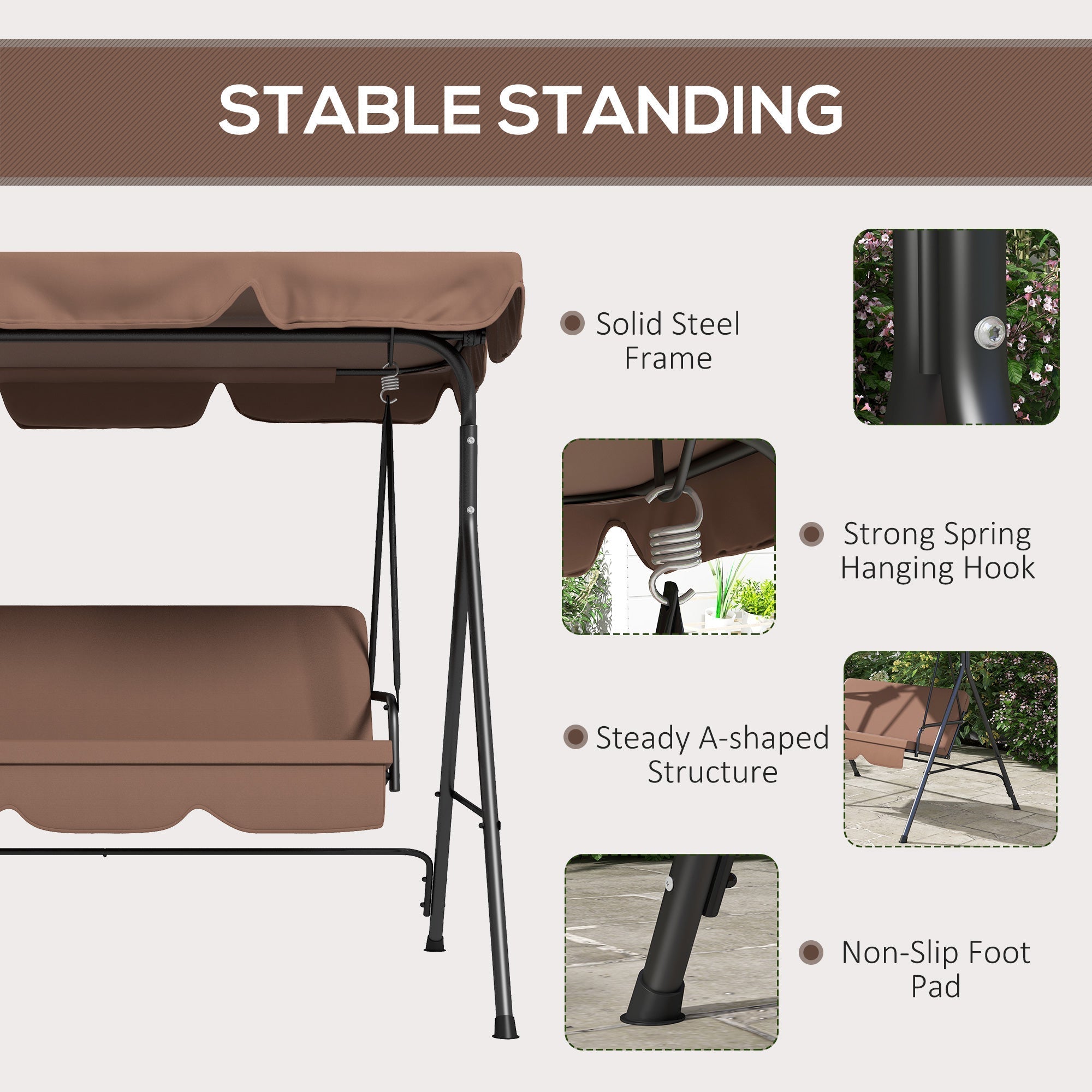 Outsunny 3 Seater Garden Swing Chair, Outdoor Swing Chair with Adjustable Canopy, Mental Frame & Cushions, Brown