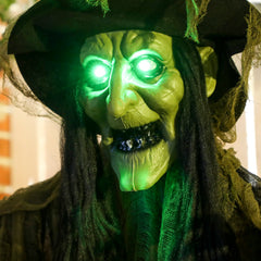 Outsunny 170 cm Life Size Hanging Halloween Animated Witch with Glowing LED Eyes, Spooky Witch Scary Halloween Decorations, Battery Operated, Indoor Party Props