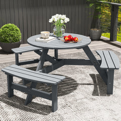 Outsunny Wooden Garden Dining Set, 6 Seater Round Dining Picnic Table with Matching Bench, Garden Furniture Set with Parasol Hole for Outdoor Patio Party and Family Gatherings, Grey