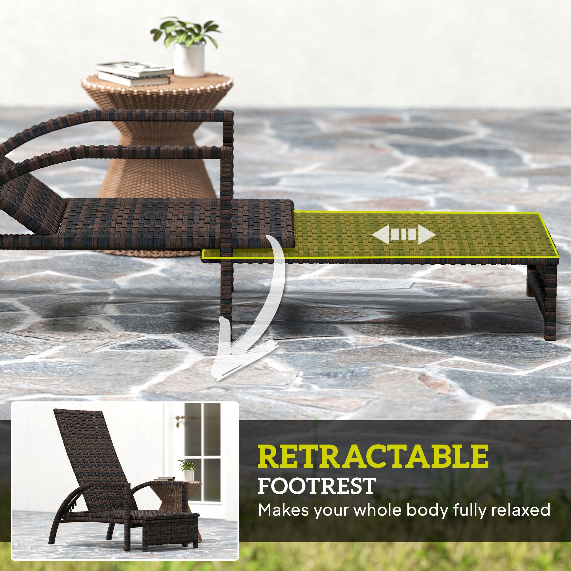 Outsunny Reclining Rattan Lounger, with Extending Footrest - Brown