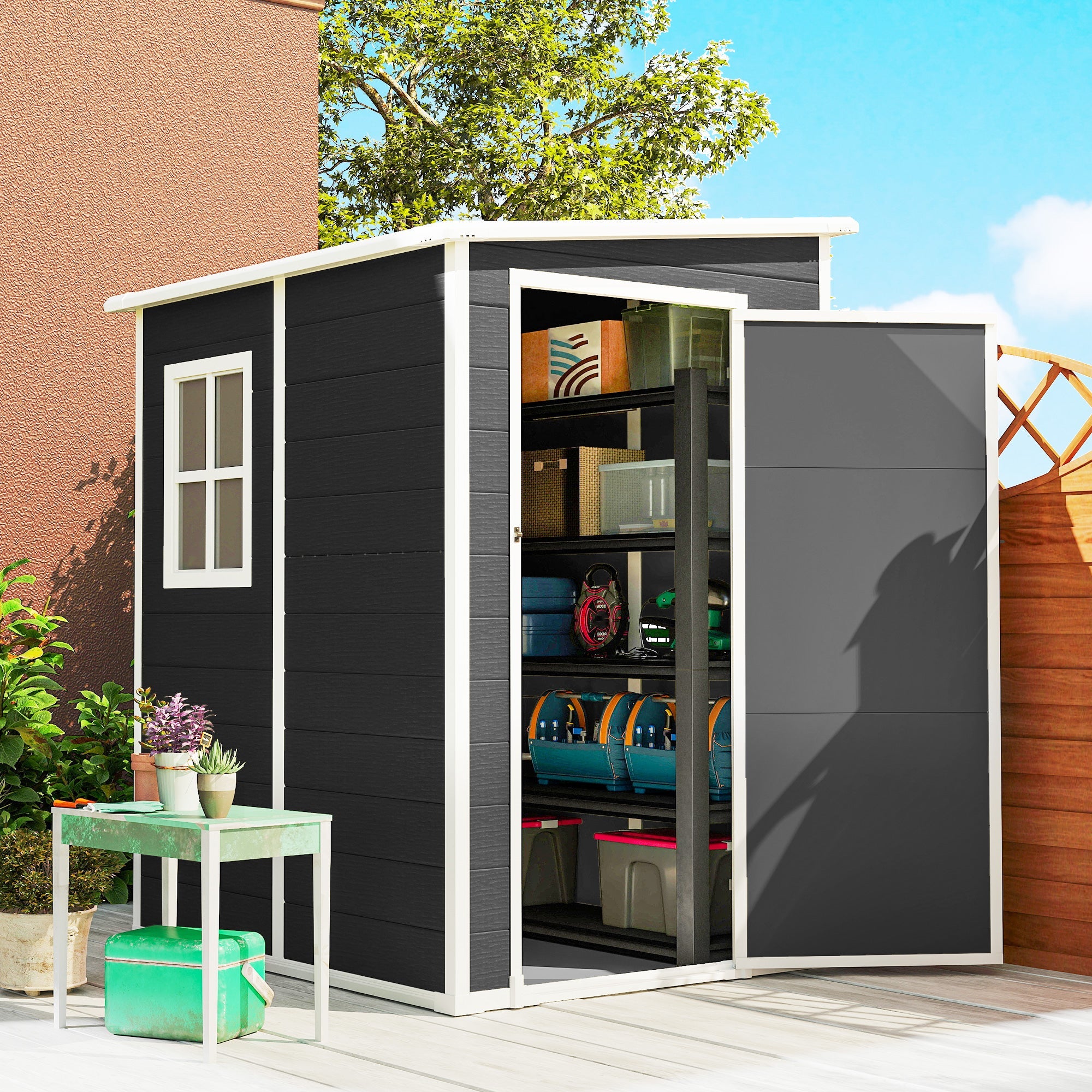 Outsunny 4'x5' Garden Storage Shed, Lean to Shed, Lockable Garden Shed with Window, Vent and Plastic Roof, Black