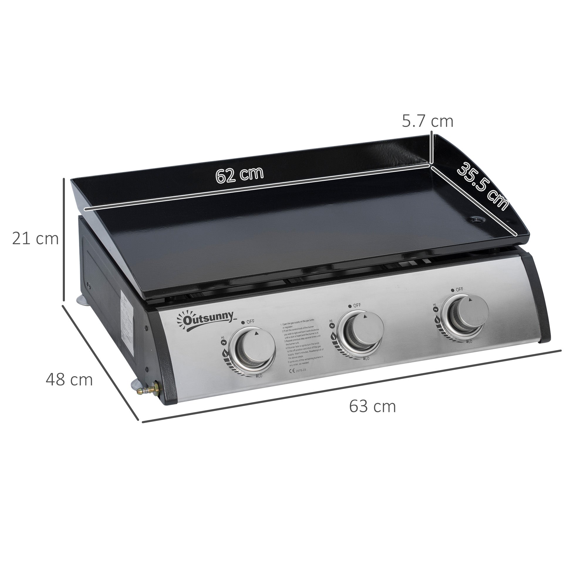 Outsunny Gas Plancha Barbecue Grill with 3 Stainless Steel Burner, 9kW, Portable Tabletop Gas BBQ with Non-Stick Griddle for Camping Picnic Garden Party Festival