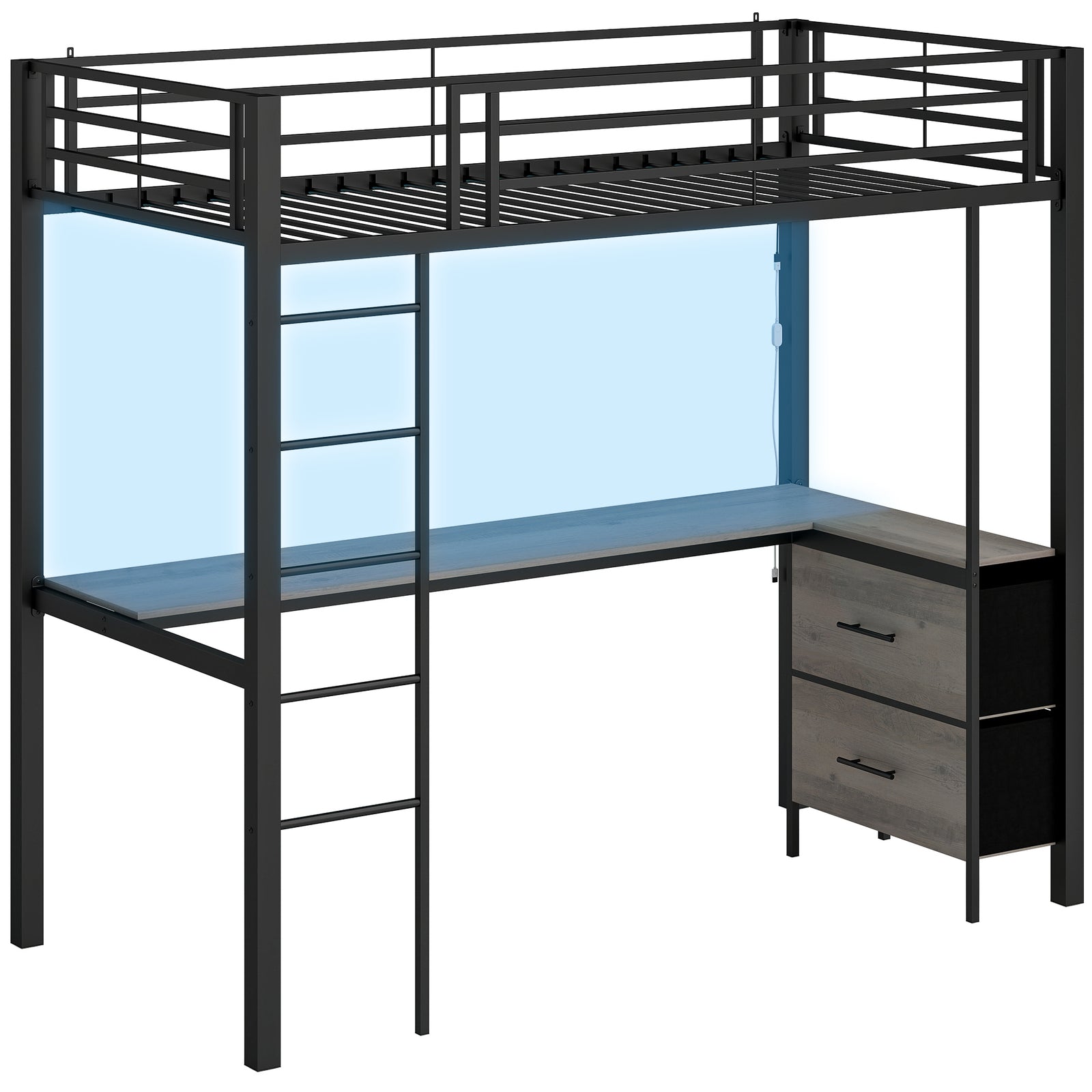 HOMCOM Metal Bunk Bed with Desk, High Sleeper Bed with LED Light and Safety Guardrail for Teens Adults, No Box Spring Needed