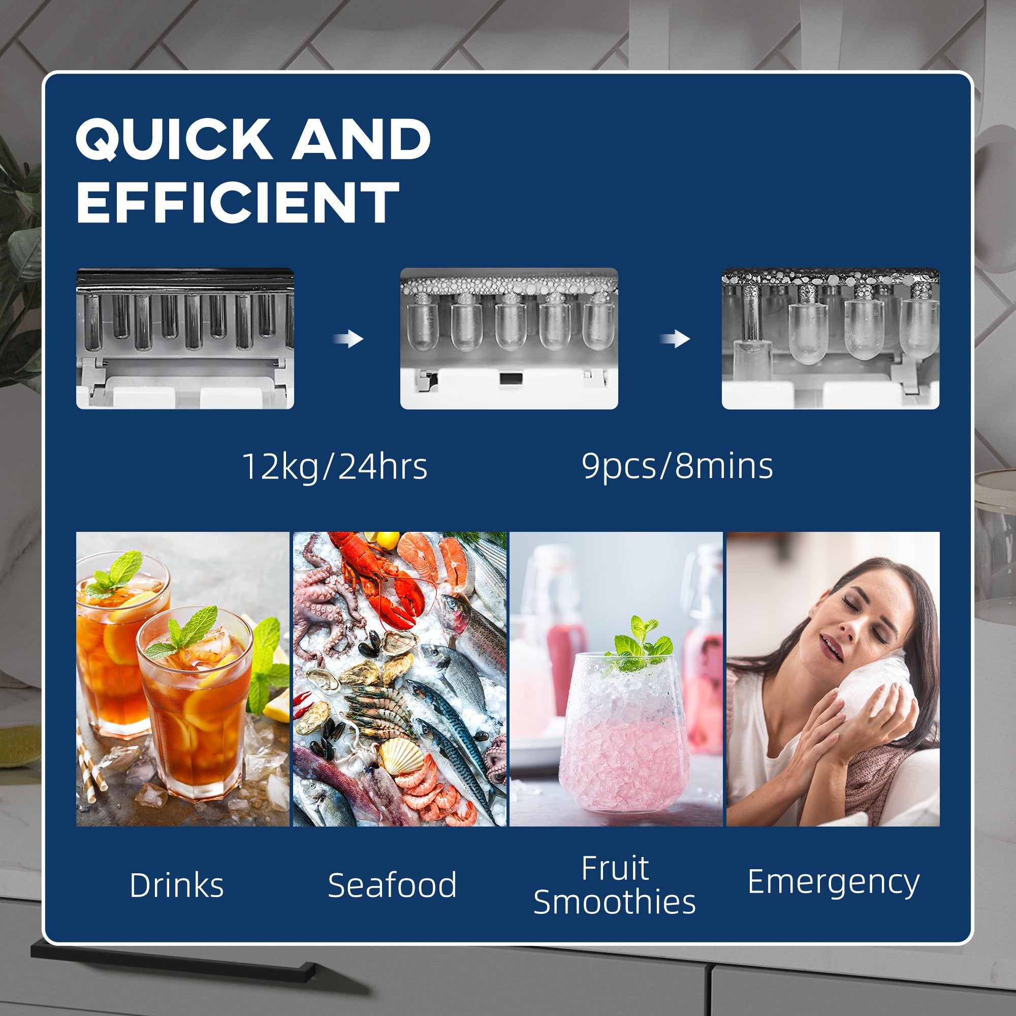 HOMCOM Countertop Ice Machine, 12Kg in 24 Hrs, 9 Cubes Ready in 8 Mins, Portable Ice Cube Maker with Self-Cleaning, Ice Scoop and Basket for Home, Kitchen, No Plumbing Required, Black