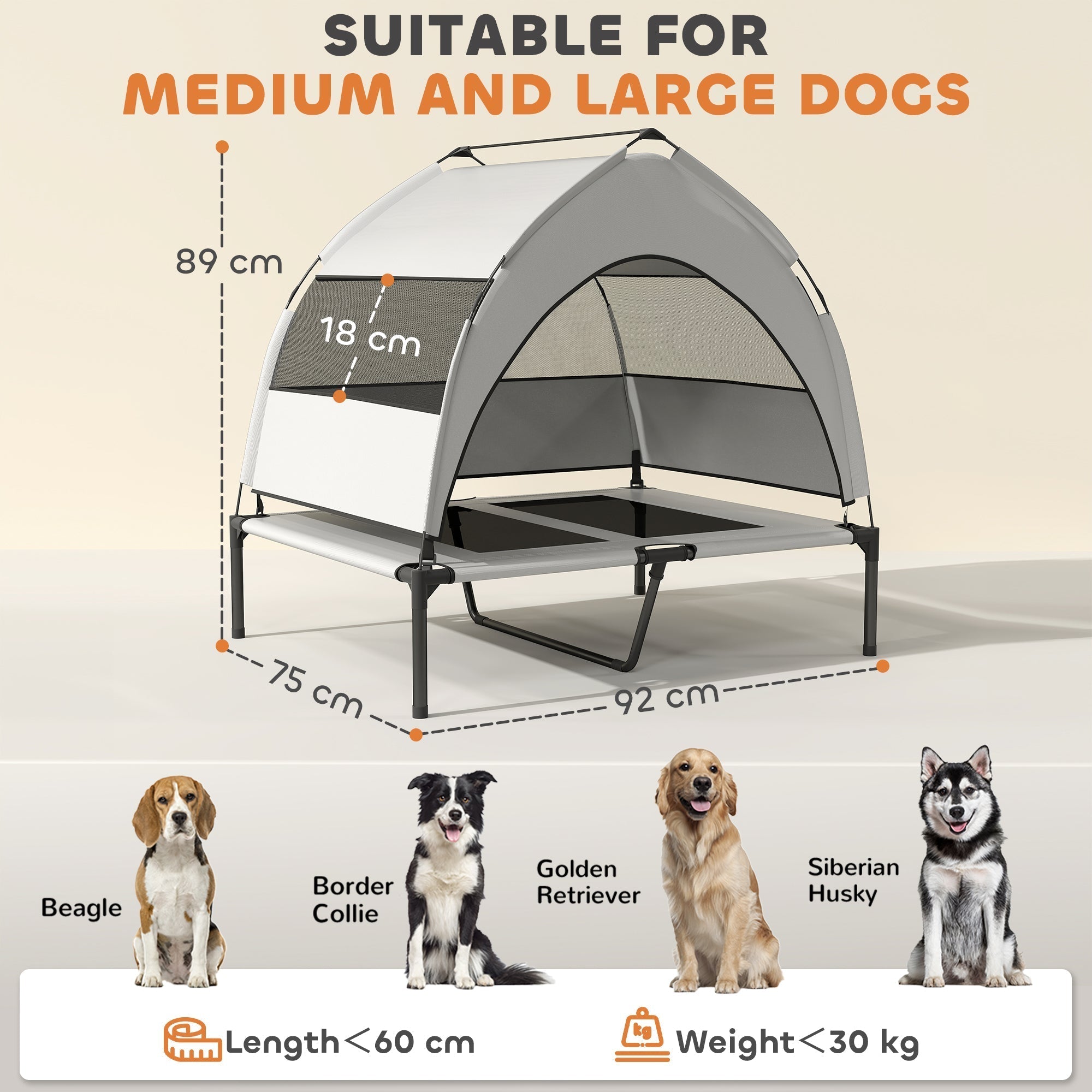 PawHut Portable Elevated Dog Bed with Removable Canopy, Cooling Raised Pet Cot for Medium Large Dogs, 92 x 75 x 89 cm