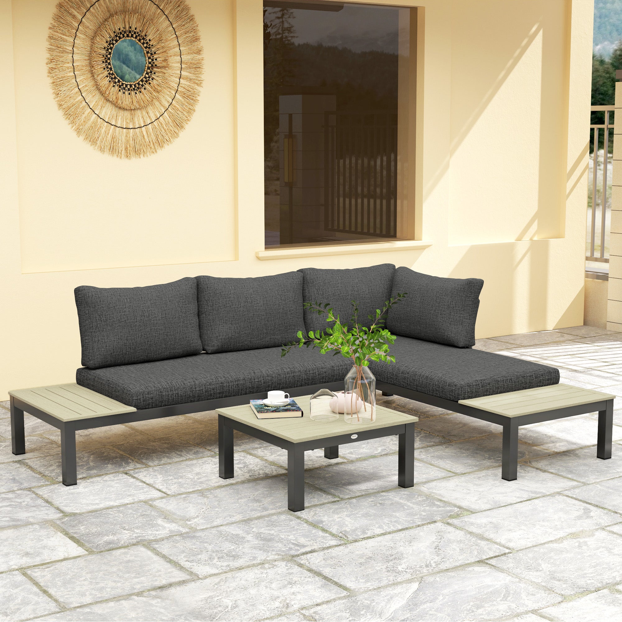 Outsunny 3 Pieces Garden Furniture Set, Aluminium 4 Seater Corner Sofa Set with 2 Loveseats, Coffee Table and Side Trays, Outdoor Conversation Furniture with Cushions for Garden, Dark Grey
