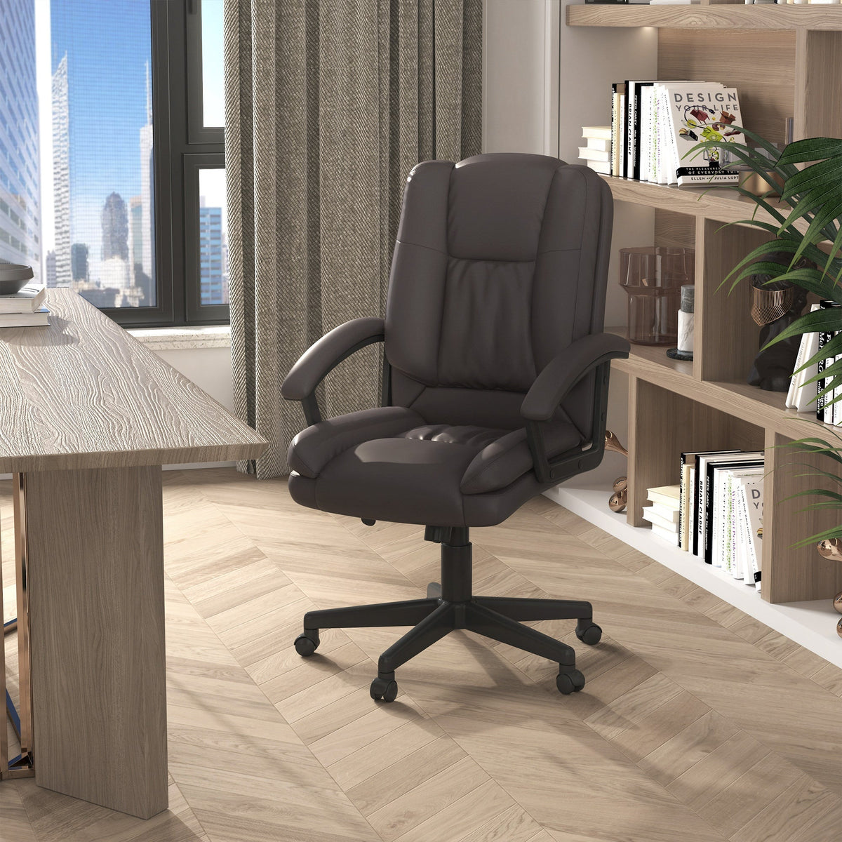 HOMCOM Office Chair, Computer Desk Chair, PU Leather Mid Back Executive Chair with Adjustable Height and Swivel Rolling Wheels for Home Study, Brown