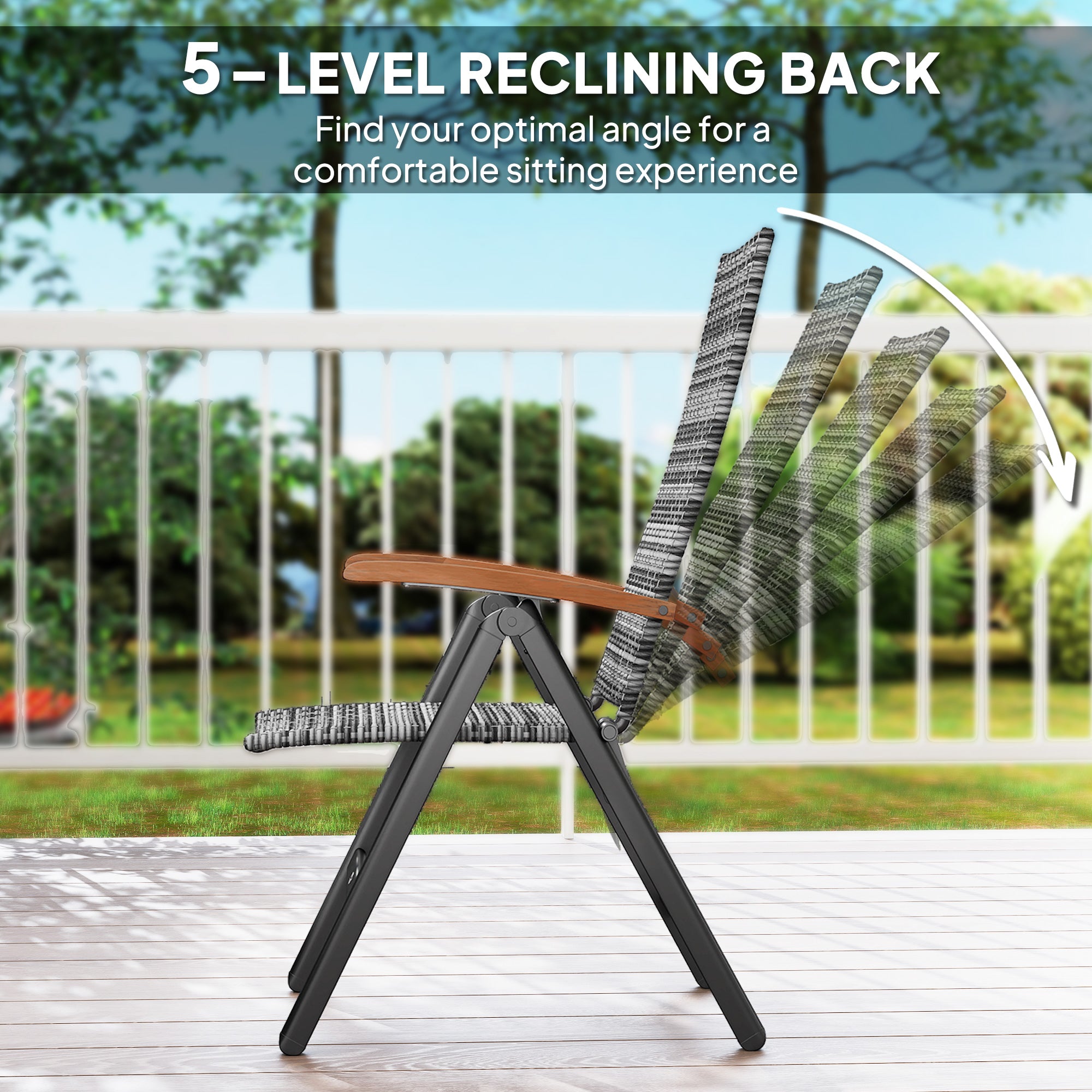 Outsunny 2 Pieces Folding Rattan Garden Dining Chairs with 5-level Reclining High Back, Wood Armrests for Outdoor - Light Grey