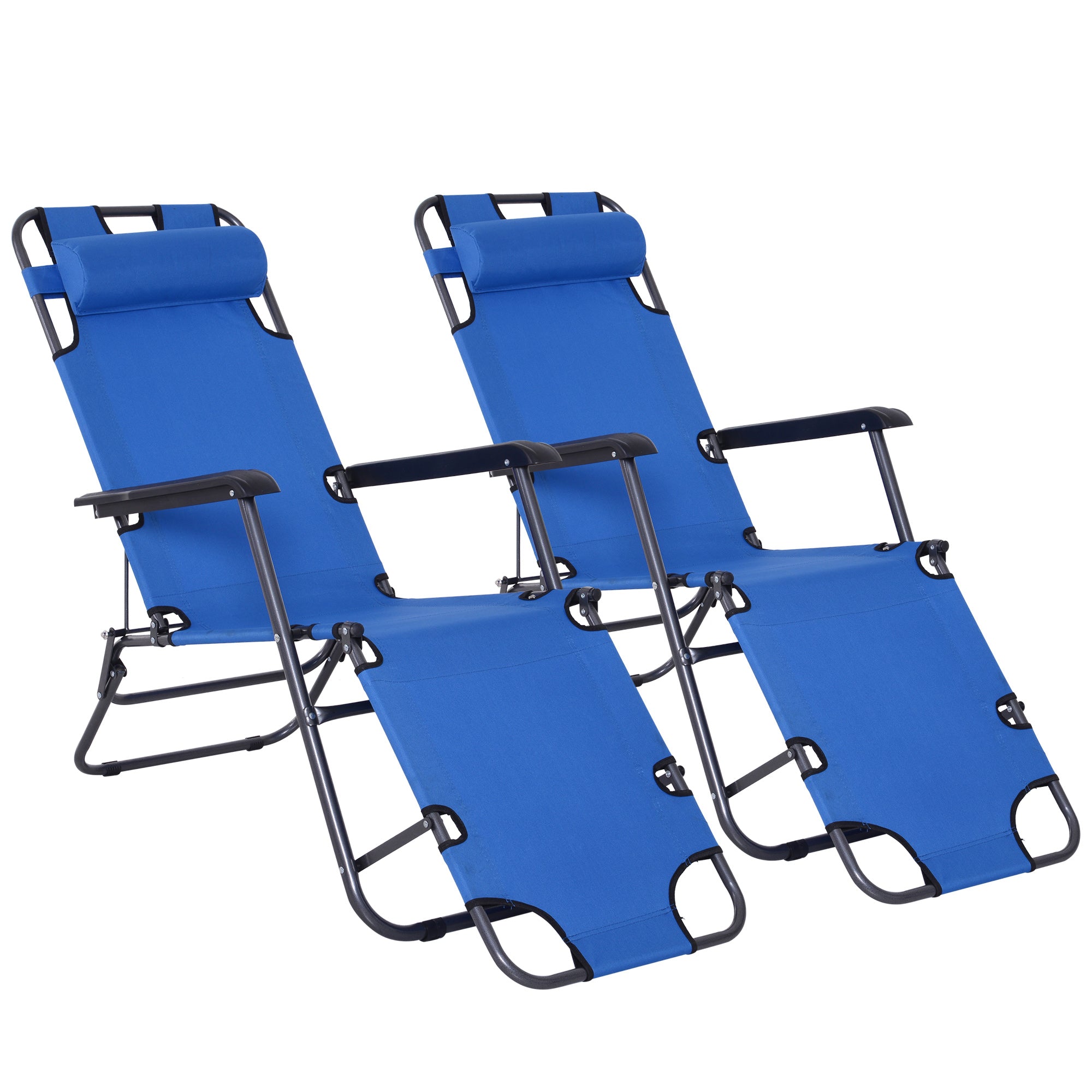 Outsunny 2 in 1 Folding Sun Lounger Reclining Garden Chair Set of 2 with 2-Level Adjustable Backrest, Outdoor Zero Gravity Recliner Garden Chairs with Head Pillow and Armrests, Blue