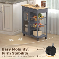 HOMCOM Bamboo Kitchen Island, Rolling Kitchen Trolley with Glass Door, 2 Metal Wire Baskets and Adjustable Shelf, Grey