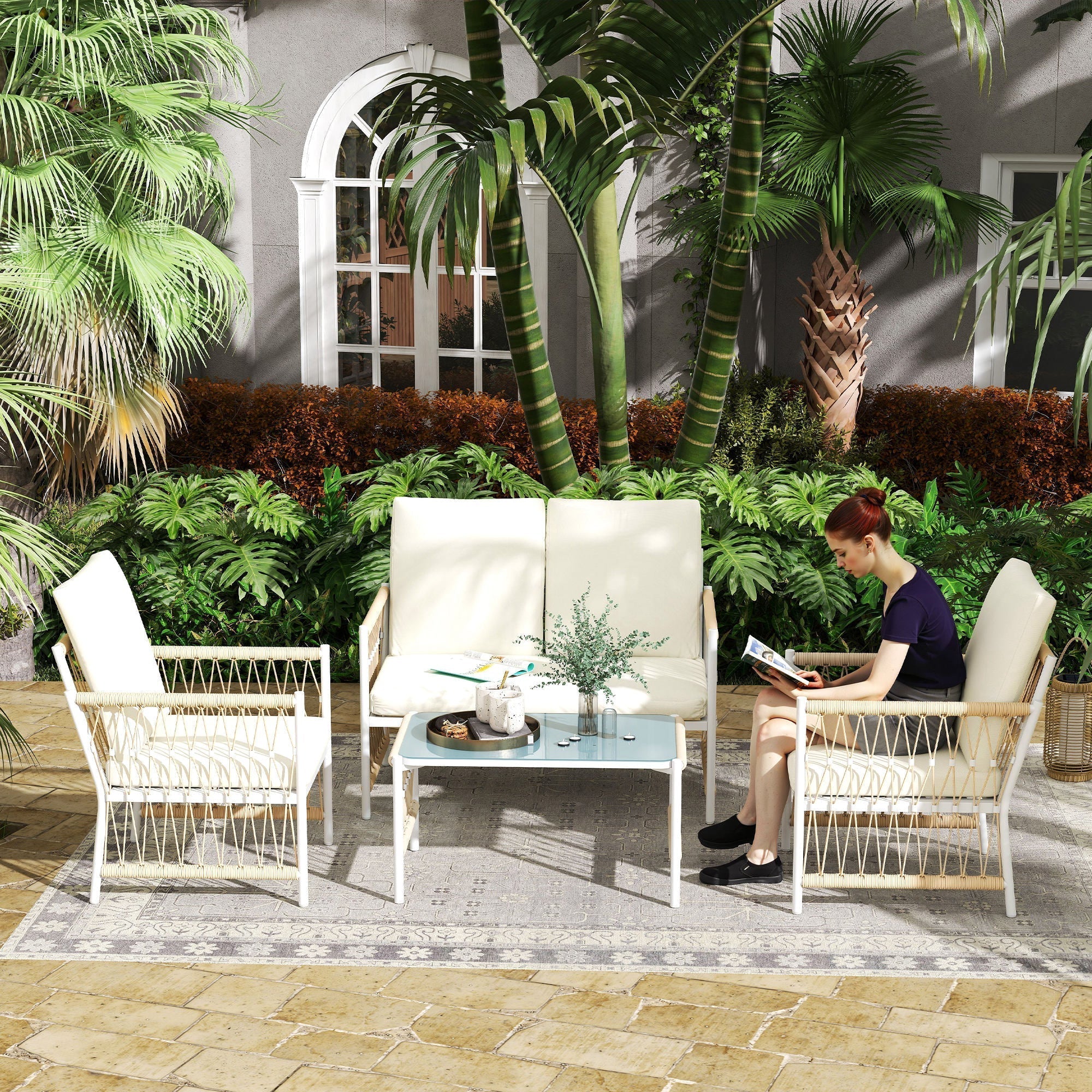 Outsunny 4 Piece Rattan Garden Furniture Set, 4 Seater Wicker Patio Conversation Set with 2 Armchairs, Loveseat, Glass Top Coffee Table and Cushions for Outdoor, Balcony, Khaki