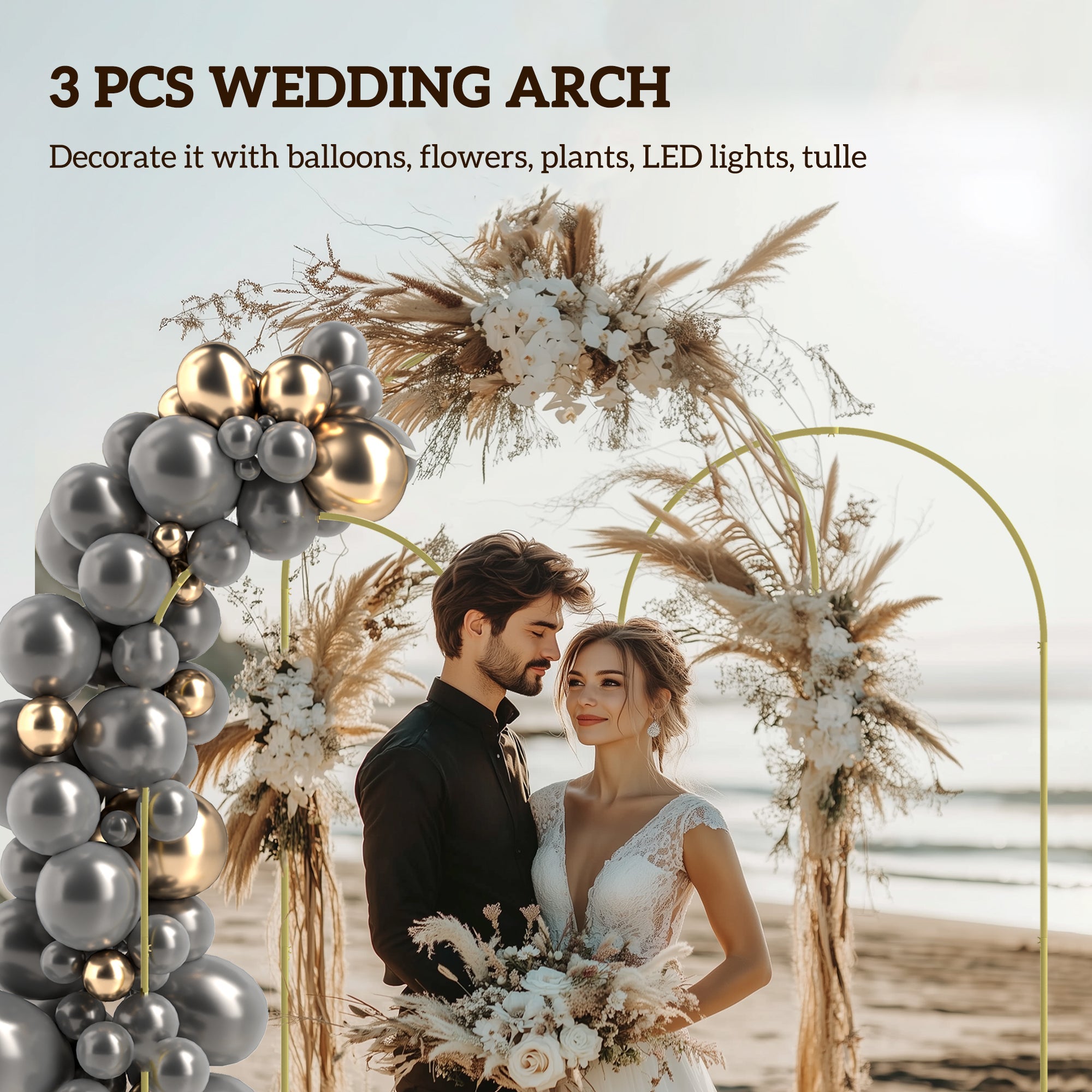 Outsunny Wedding Arch Frame Set, 2.2, 2, 1.8 m Metal Arch Backdrop Stand Set of 3, Balloon Arch Stand Set for Birthday Party, Bridal Shower, Graduation, Ceremony, Banquet Decorations, Gold Tone