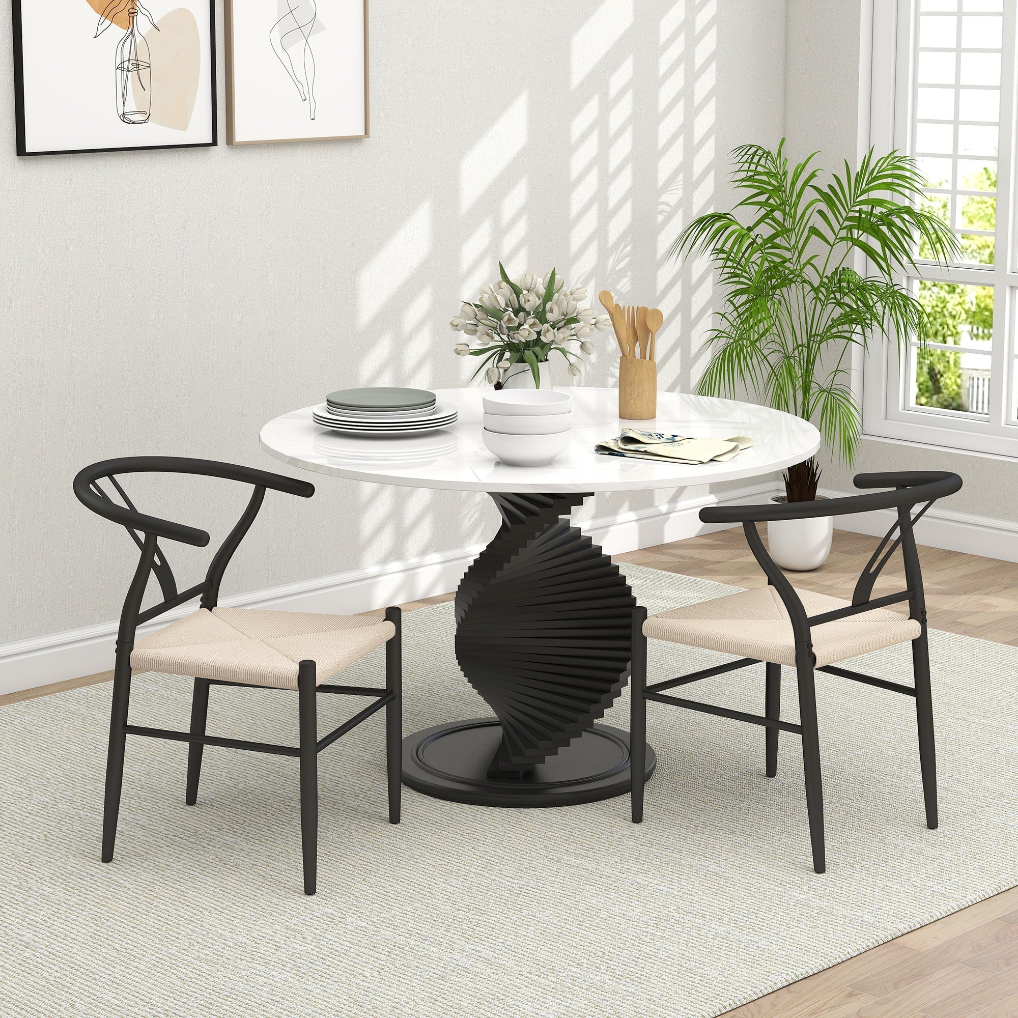 HOMCOM Set of Two Weave Dining Chairs with Y-Shaped Backrest Hemp Seat - Black/Beige