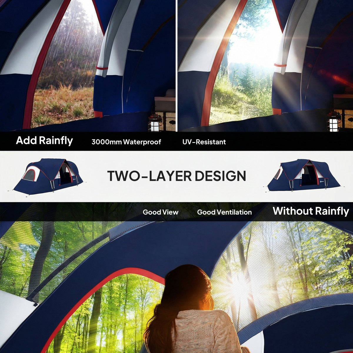 Outsunny 5-6 Man Camping Tent, Tunnel Tent, Water Resistant Hiking Shelter with Groundsheet and Carry Bag, Navy Blue