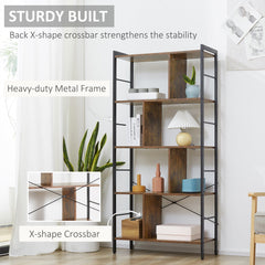 HOMCOM Industrial Storage Unit, 5 Tiers Bookcase with Open Compartments for Office Living Room, Bedroom, Rustic Brown and Black