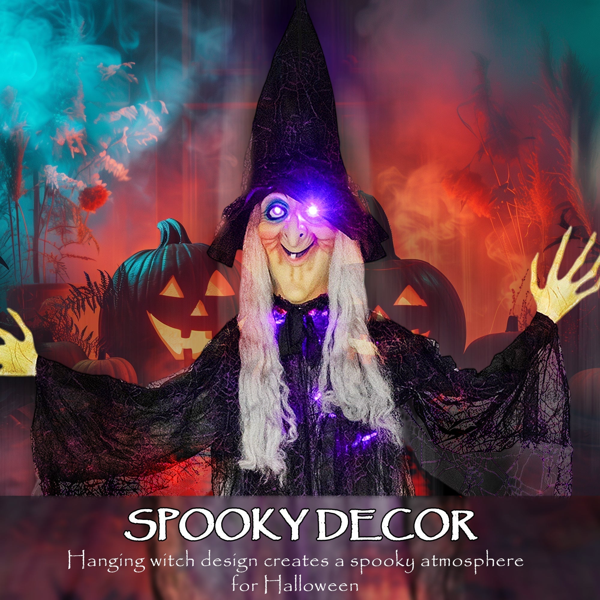 Outsunny 183 cm Life Size Halloween Animated Hanging Witch with Glowing LED Eyes & Body, Spooky Witch Scary Halloween Decorations, Battery Operated, Indoor Party Props