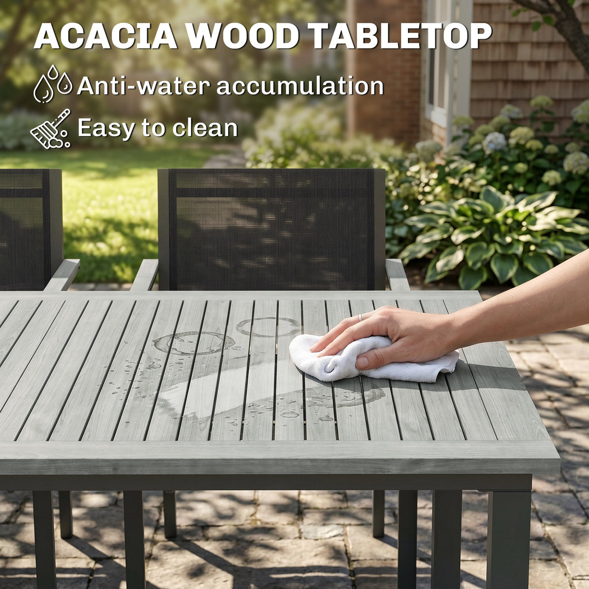 Outsunny Garden Dining Set with Acacia Wood Table Top, Outdoor Table and Stackable Chairs Set for 6 with Texteline Seat, for Patio, Conservatory, Terrace, Grey