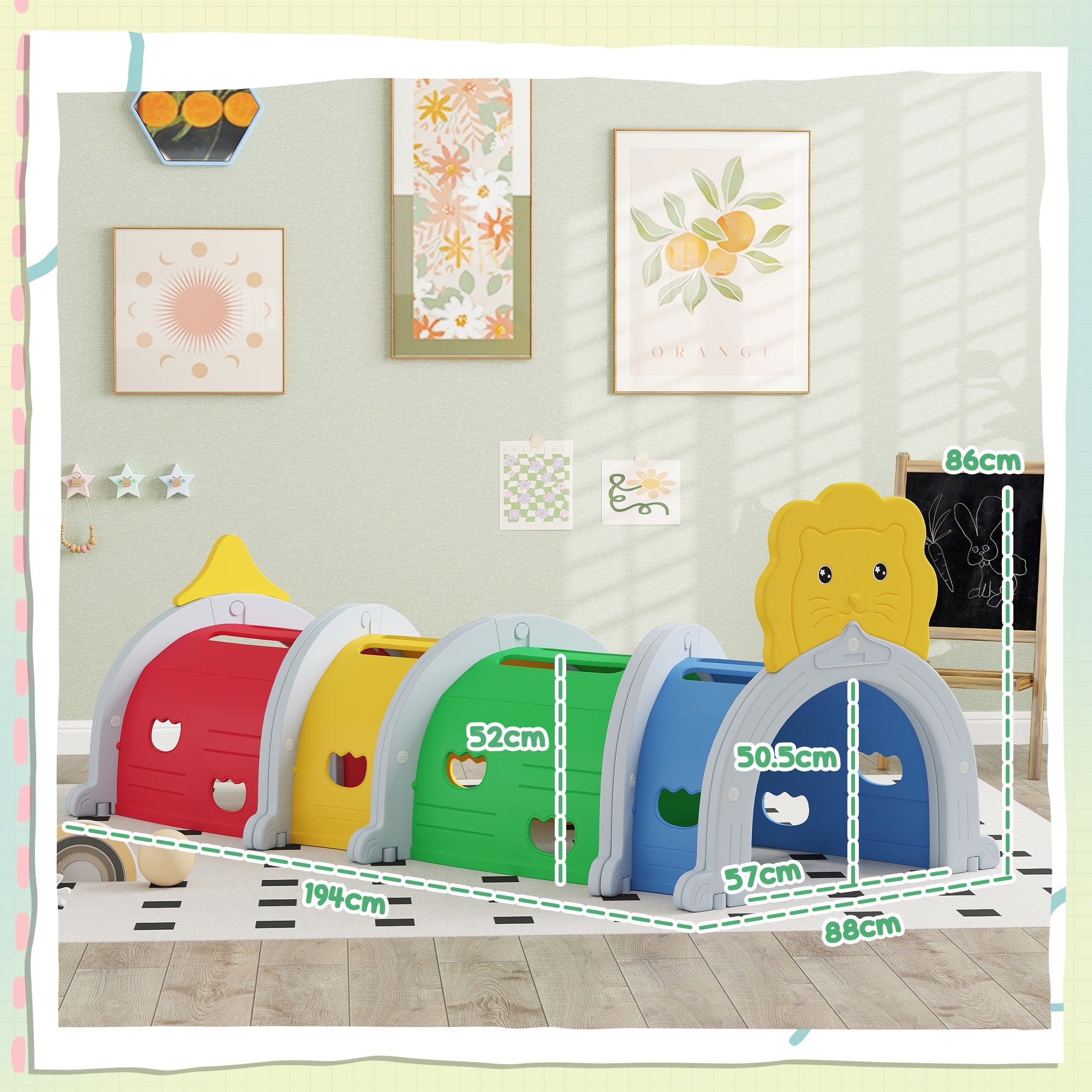 AIYAPLAY Kids Play Tunnel with Lion Design for 3-6 Years, Crawling, Climbing, Indoors & Outdoors