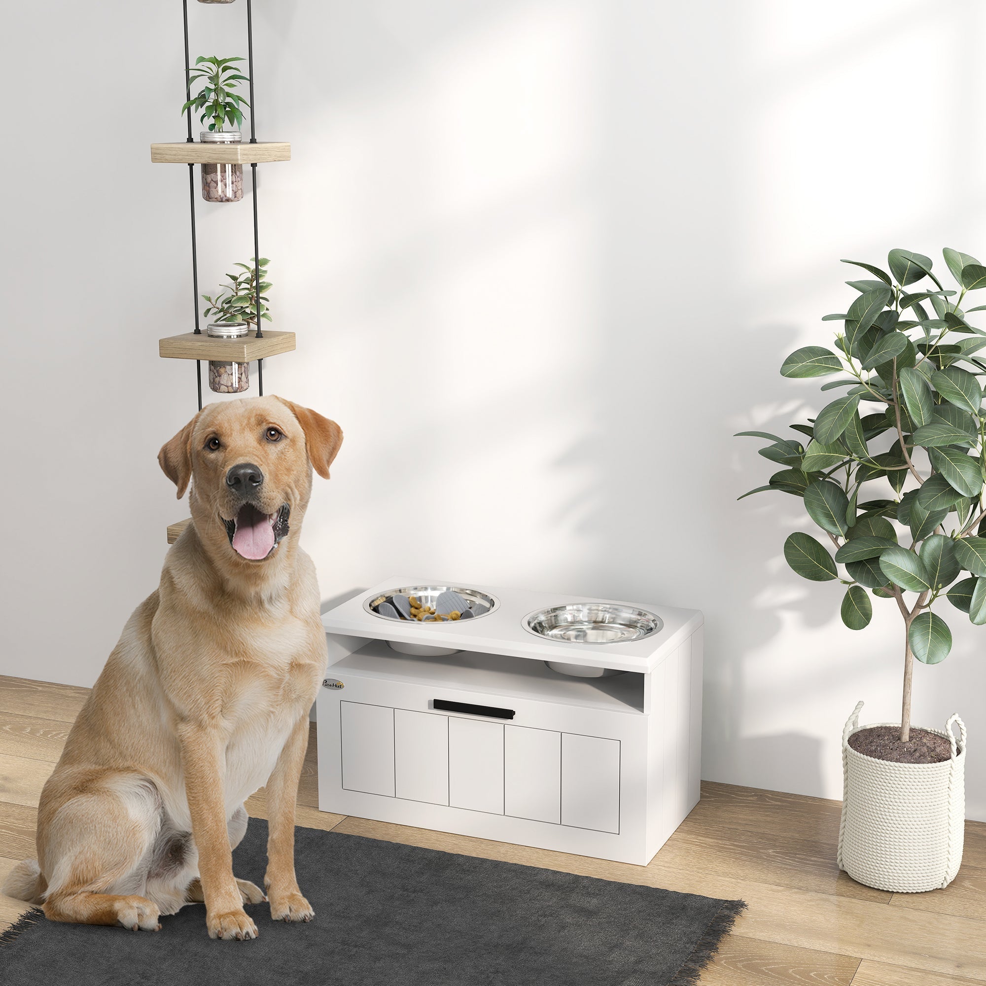 PawHut Raised Dog Bowl with Slow Feeder, Two Stainless Steel Dog Bowls, Drawer, for Large and Extra Large Dogs, White