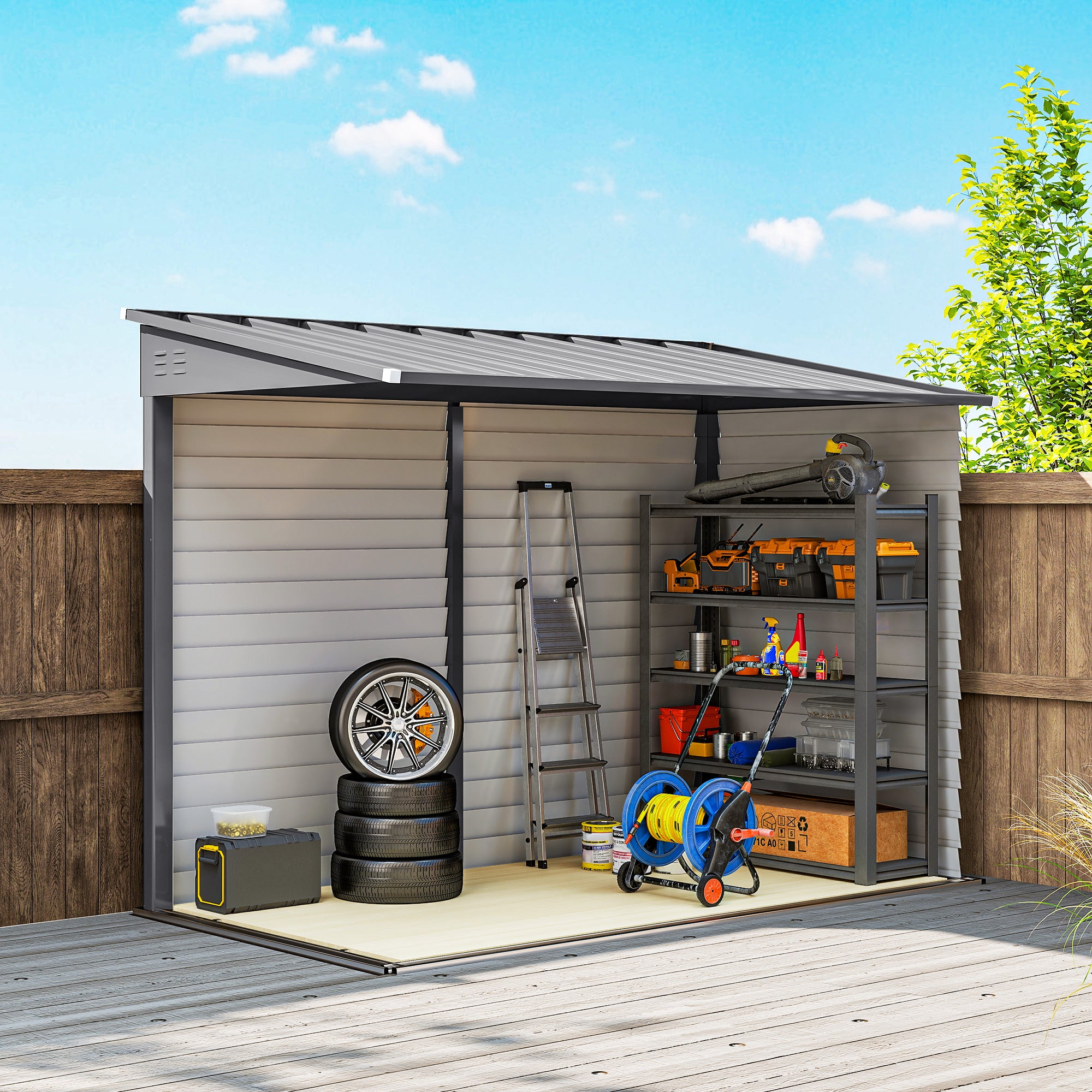 Outsunny 5 x 9ft Galvanised Metal Garden Shed with Foundation Kit, Outdoor Lean-to Shed, Tool Storage House with Lockable Doors, Gloves and 2 Air Vents for Patio, Garden, Grey