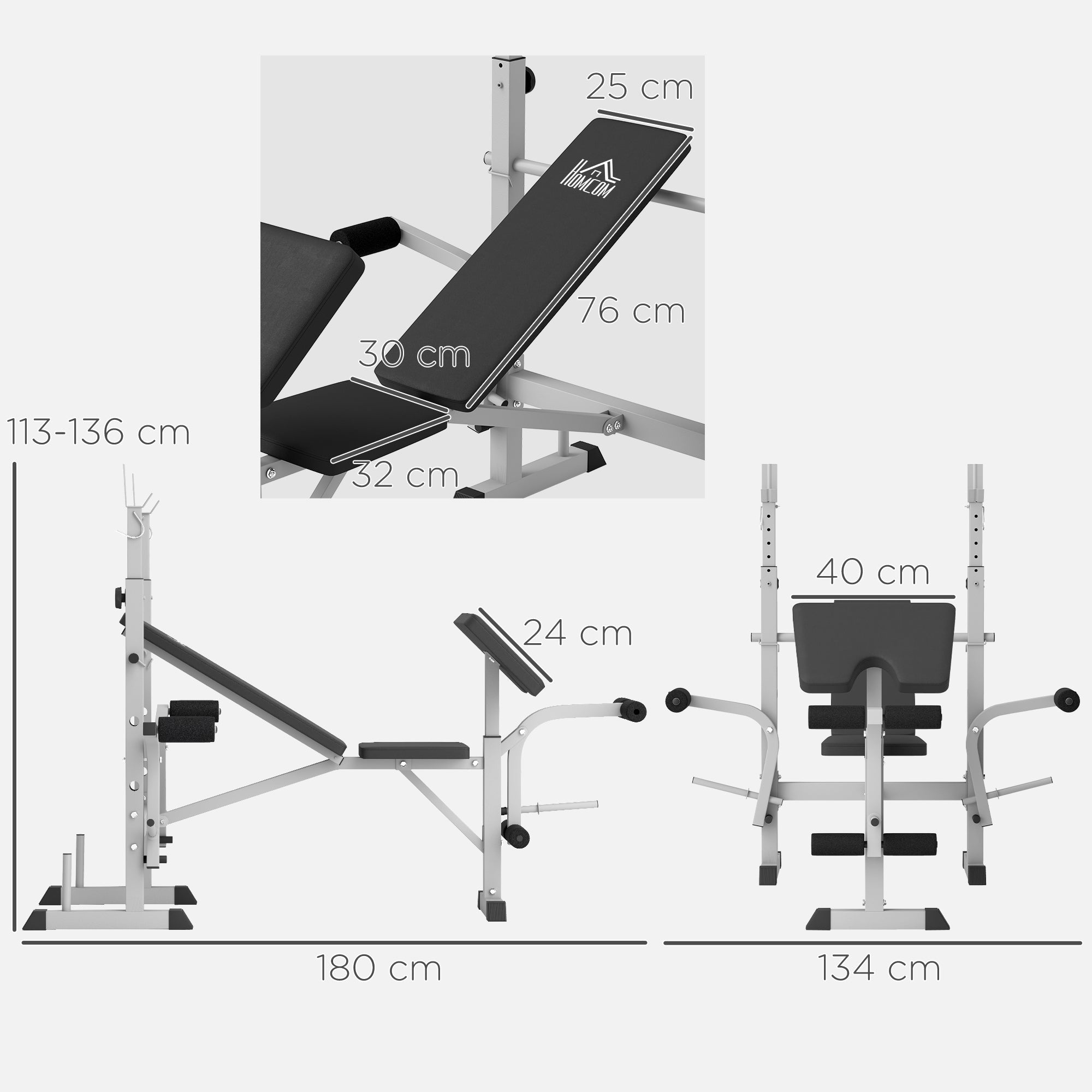HOMCOM Adjustable Weight Bench with Squat Rack, Heavy Duty Bench Press Rack with Preacher Curl Pad, Leg Developer, Barbell Rack, Butterfly, Home Gym Strength Training Multiuse Workout Bench, Grey