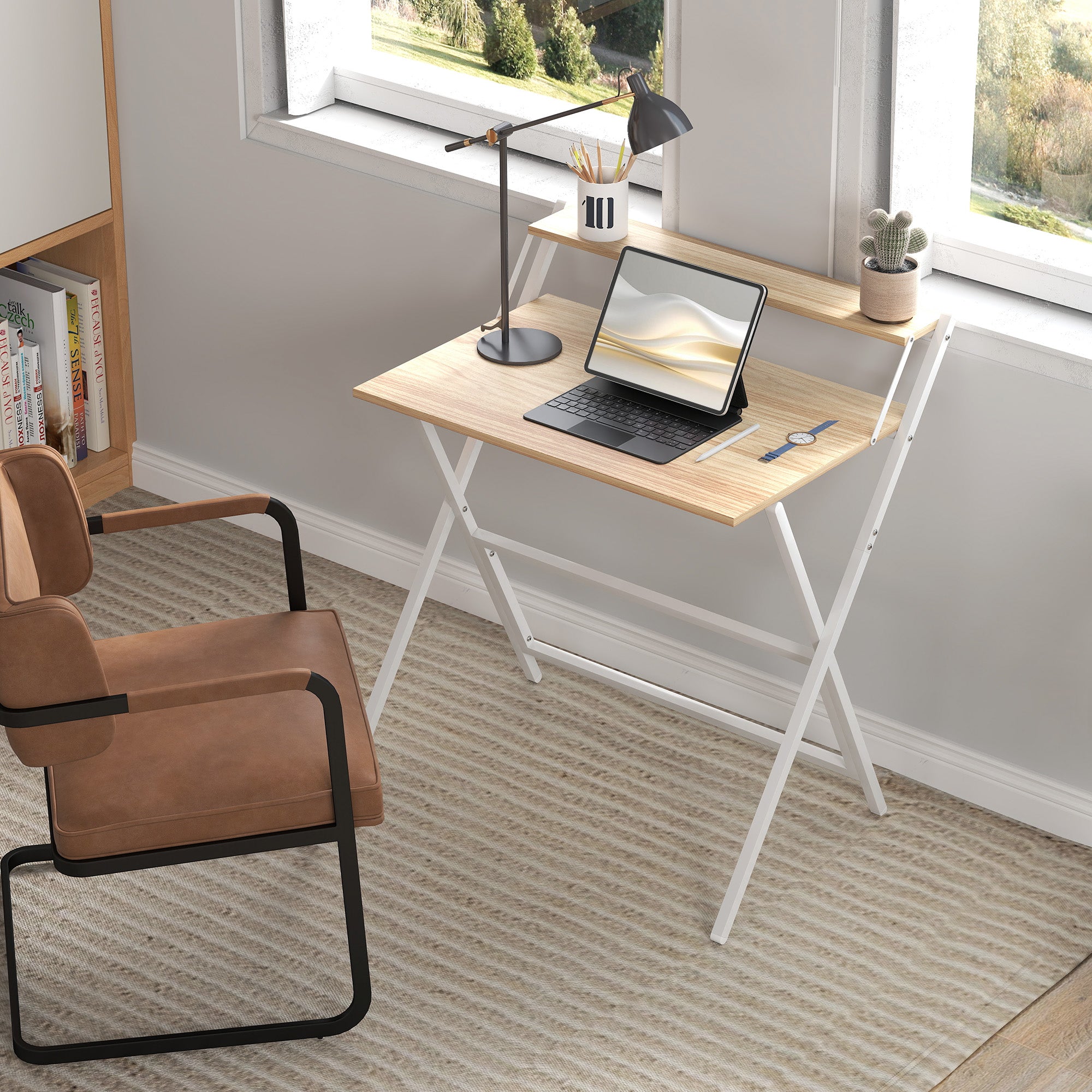 HOMCOM 81.5 cm Folding Computer Desk with Monitor Shelf - Natural Wood Finish