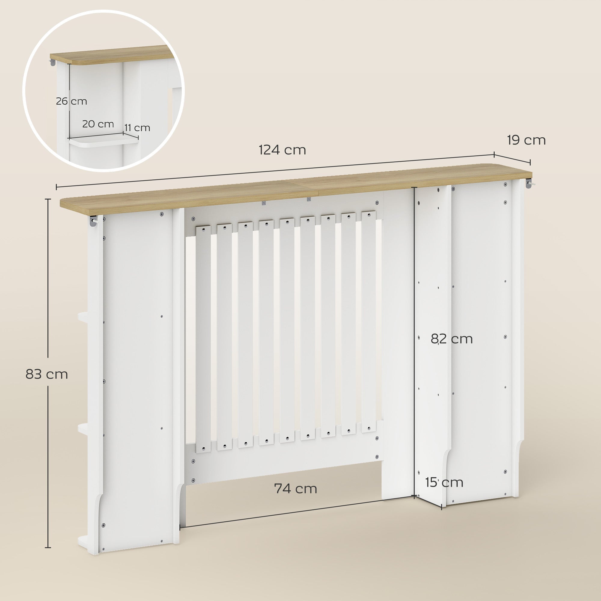 HOMCOM Radiator Cover with Open Storage Shelves, Vertical Slatted Cabinet Shelf Heater Cover for Living Room, Hallway, Medium, White (H: 83 / W: 124 / D: 19 cm)