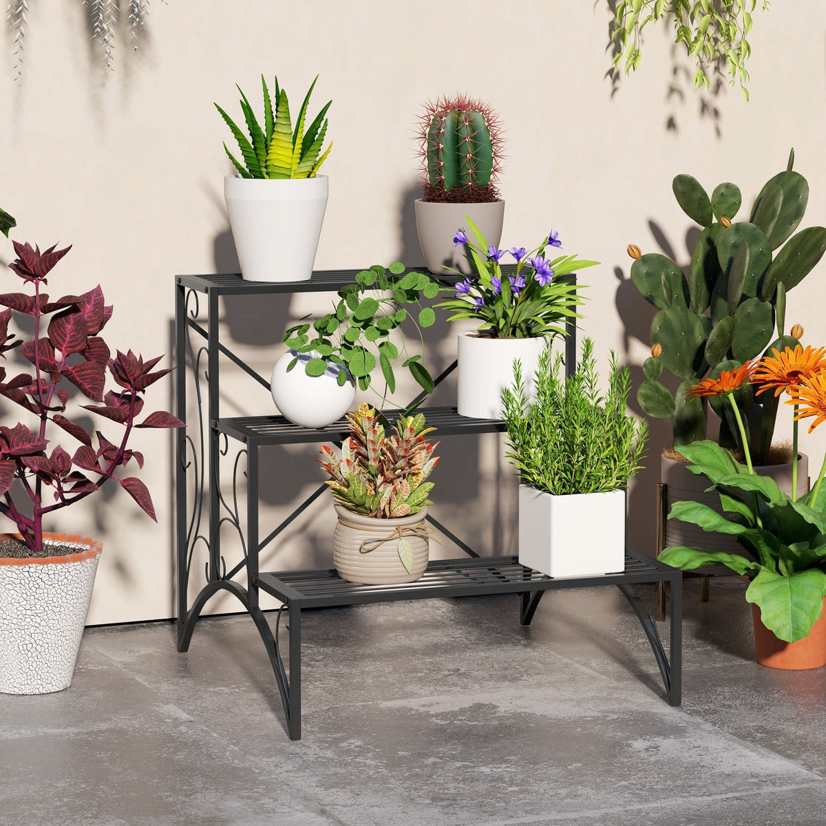 Outsunny Three-Tier Decorative Metal Plant Stand - Black