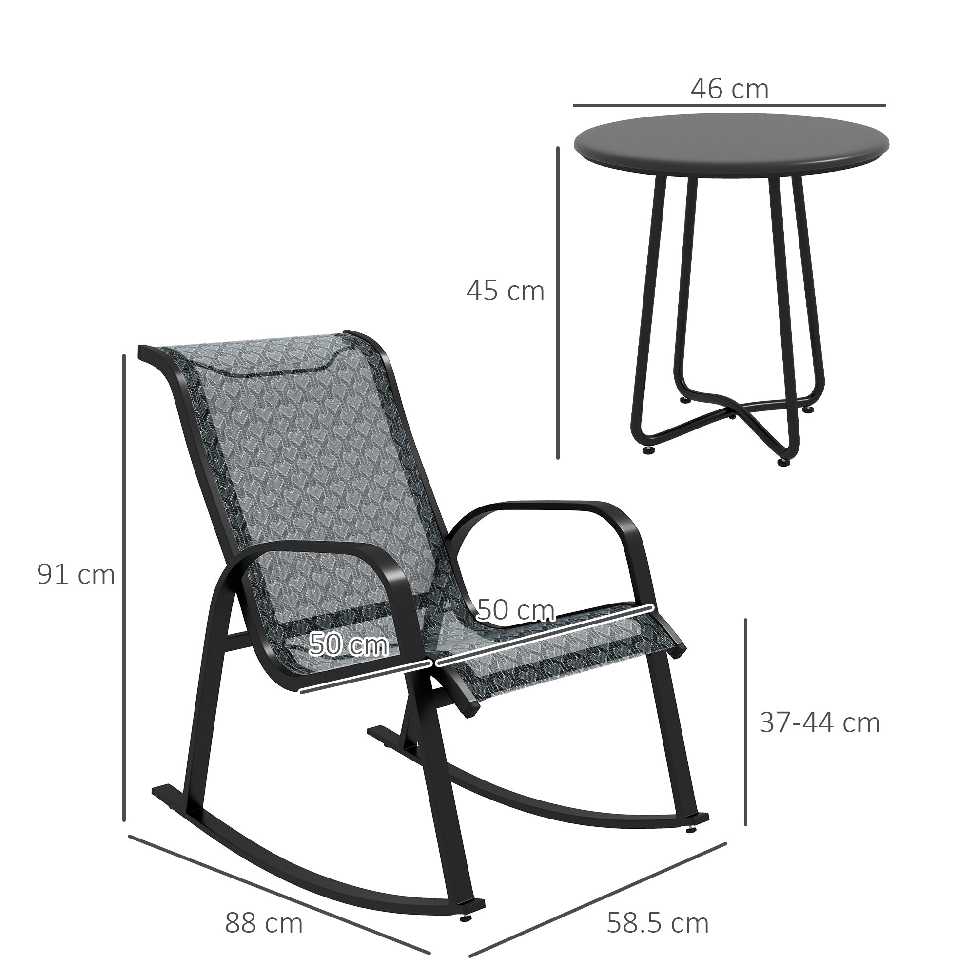 Outsunny 3 Piece Outdoor Rocking Set with 2 Armchairs and Metal Top Coffee Table, Patio Bistro Set with Curved Armrests, Breathable Mesh Fabric Seat for Garden, Deck, Mixed Grey