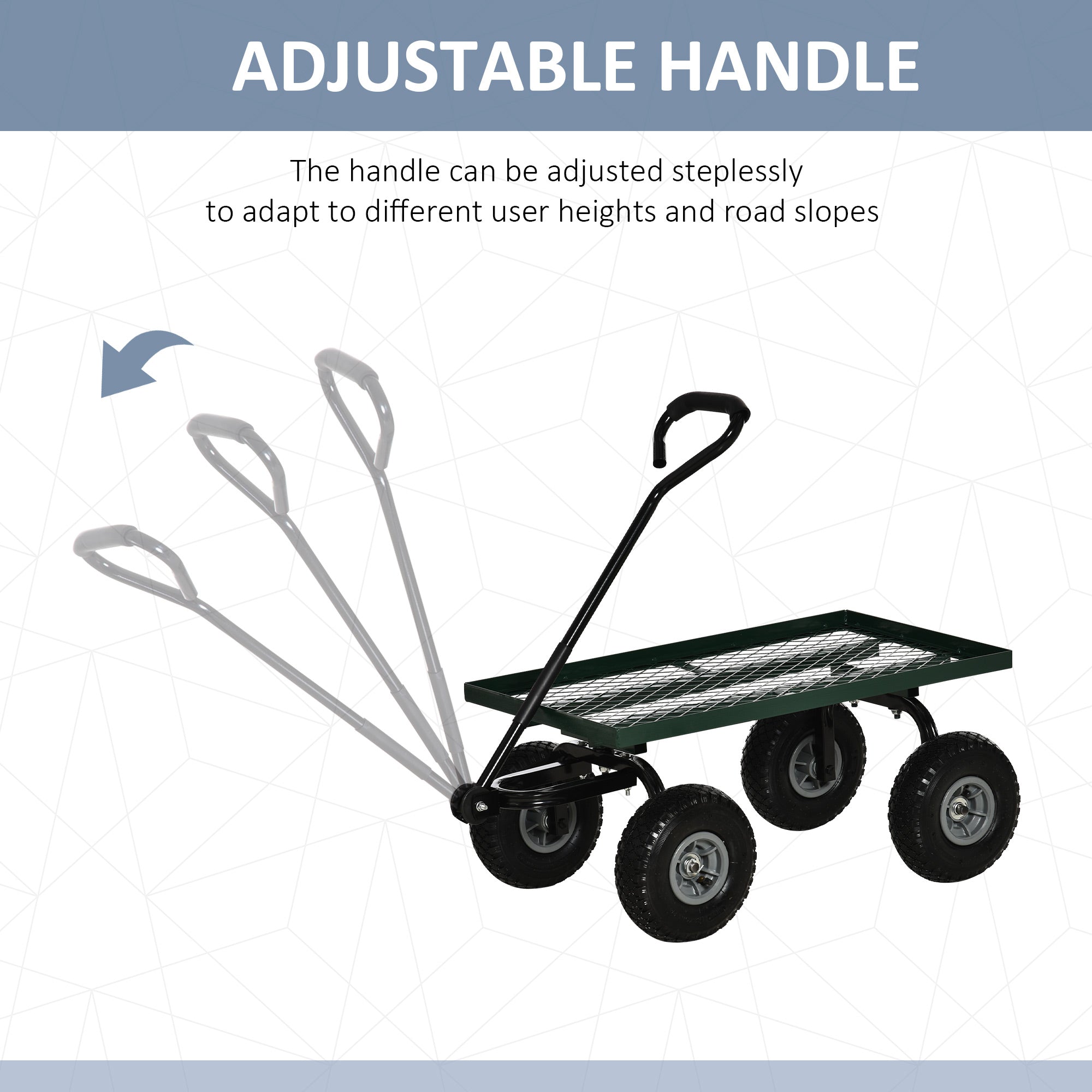 Outsunny Garden Trolley Cart, Heavy Duty Garden Cart with Metal Frame, 10" Pneumatic Wheels, Rotating Handle, 150kg Capacity, for Garden, Farm, Green