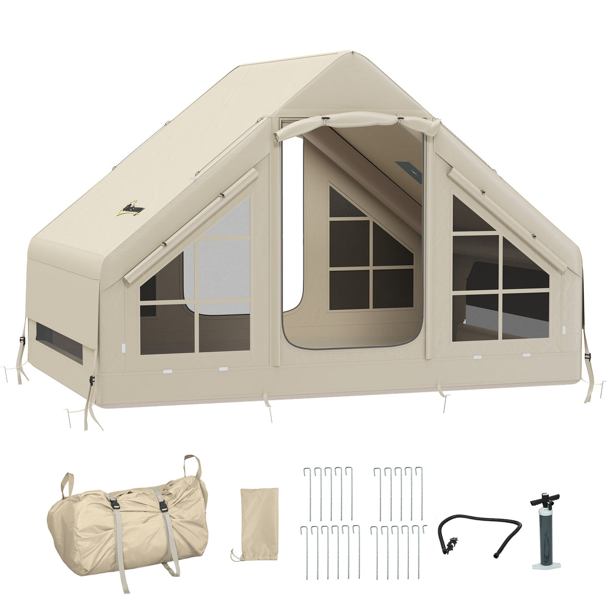 Outsunny Inflatable Camping Tent with Pump and Stove Jack Hole, Easy Setup 2-4 Person Blow Up Tent, Waterproof Luxury Inflatable Tent with Mesh Windows, Doors, Hook and Carry Bag, Beige