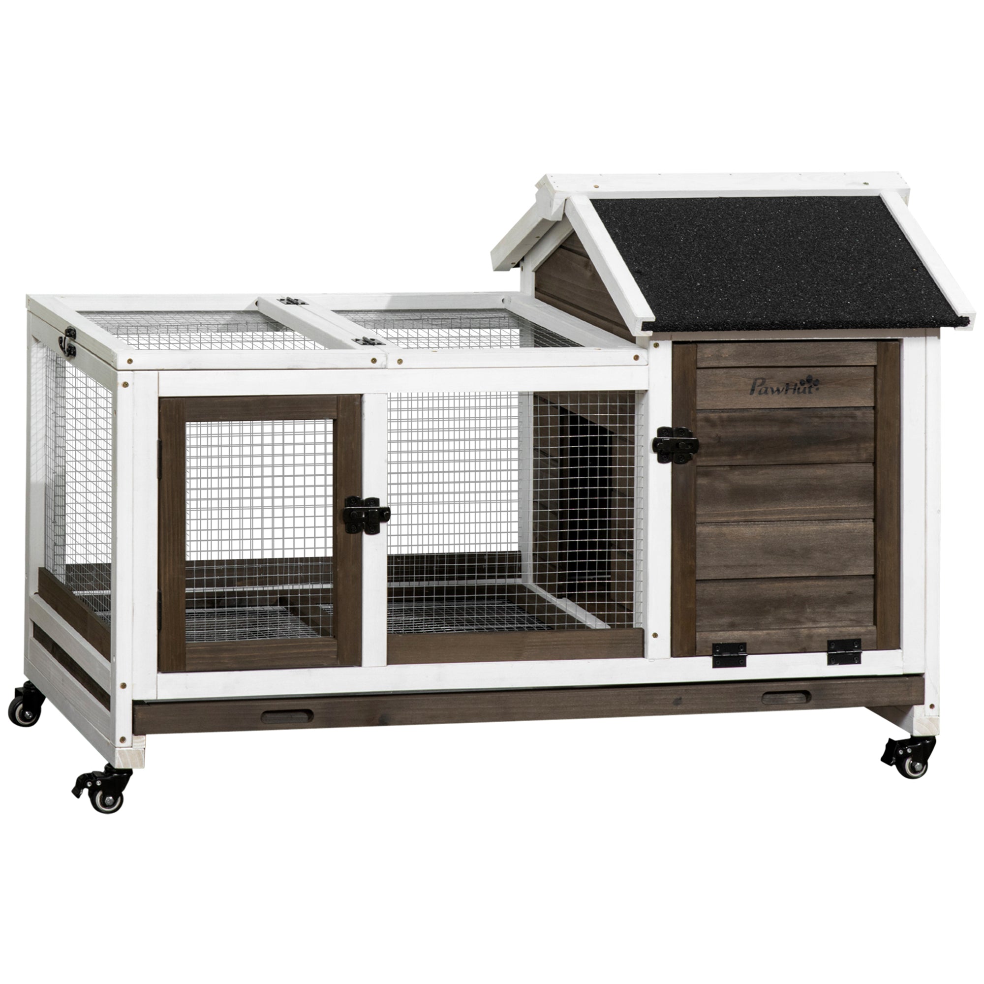 PawHut Wooden Rabbit Hutch, Guinea Pig Cage, with Removable Tray, Wheels - Brown