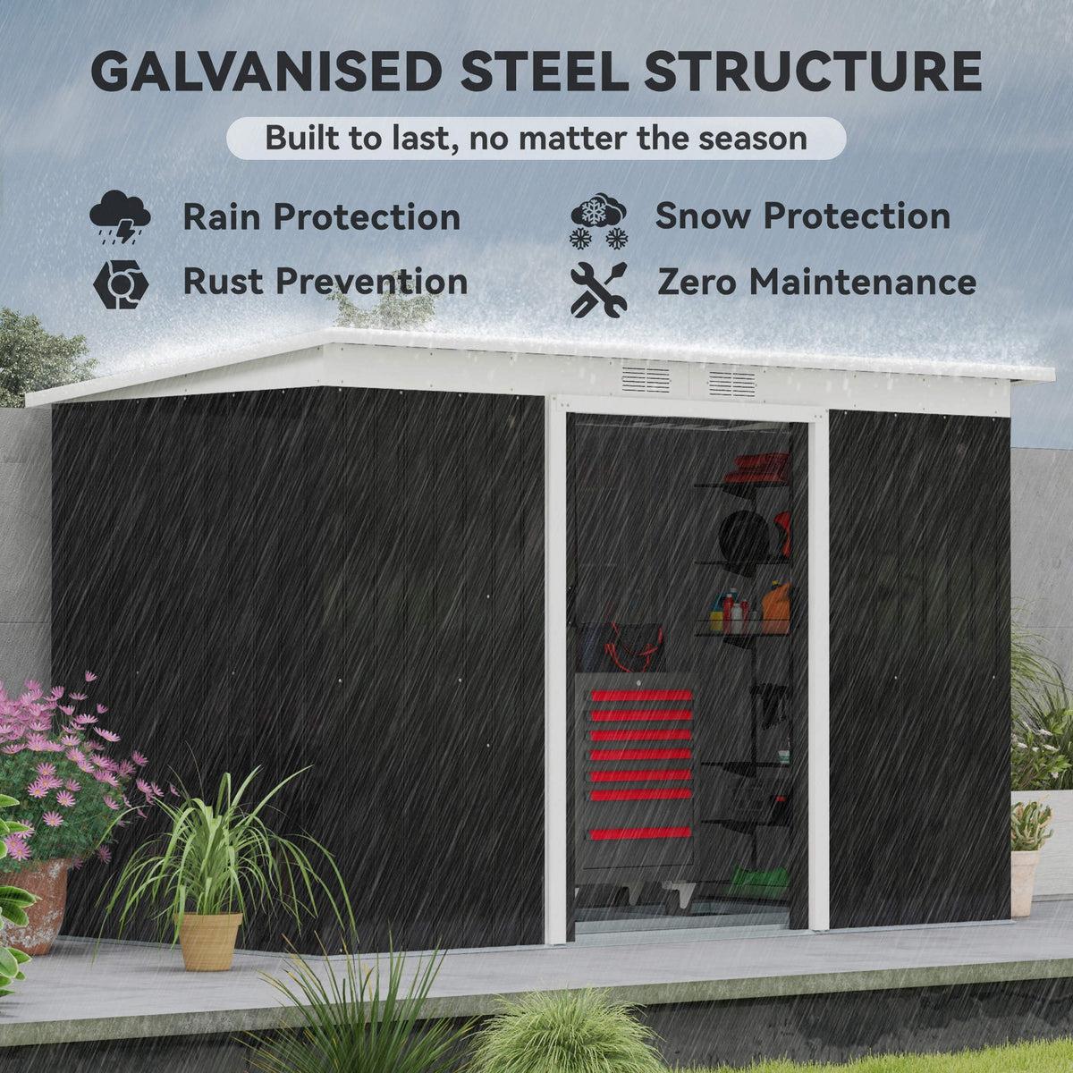 Outsunny 9ft x 4ft Metal Garden Shed, Outdoor Tool House with Foundation Kit, Ventilations and Double Doors, Dark Grey