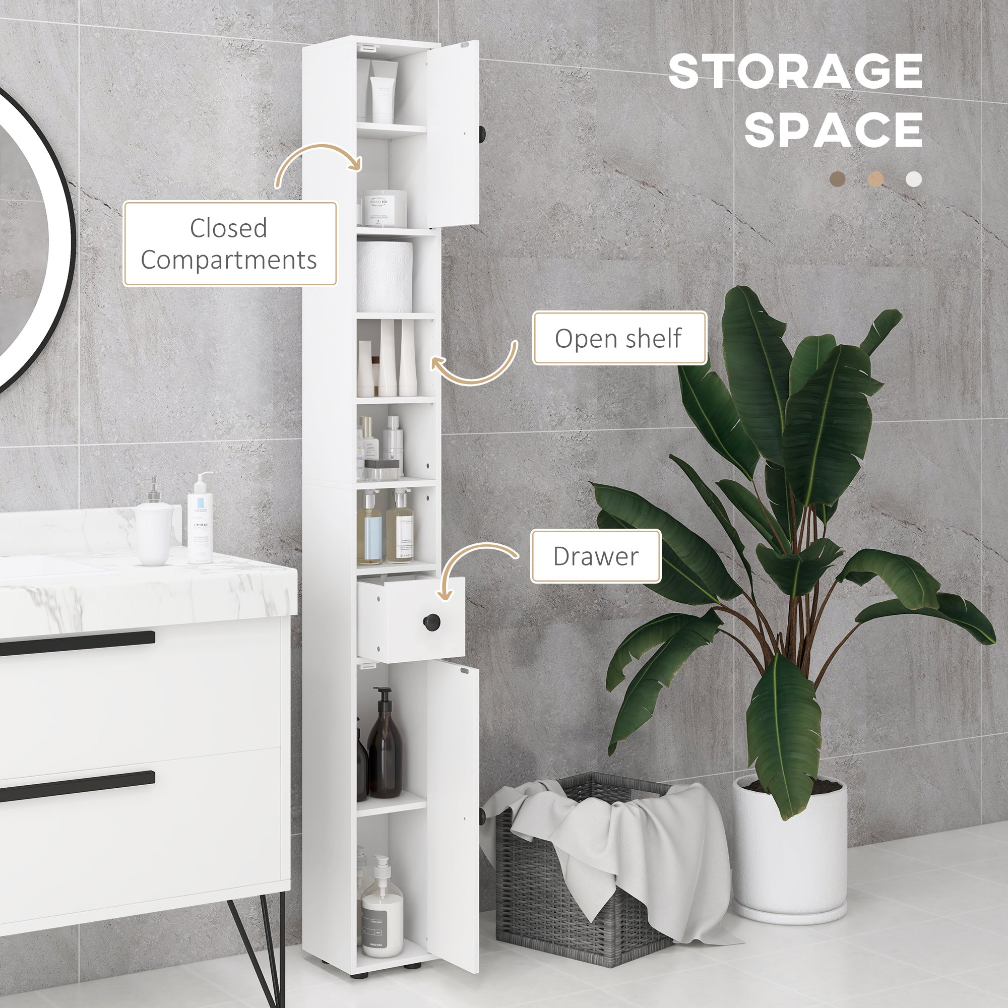 kleankin 180cm Slim Bathroom Cabinet, with Drawer, Shelves and Cupboards - White