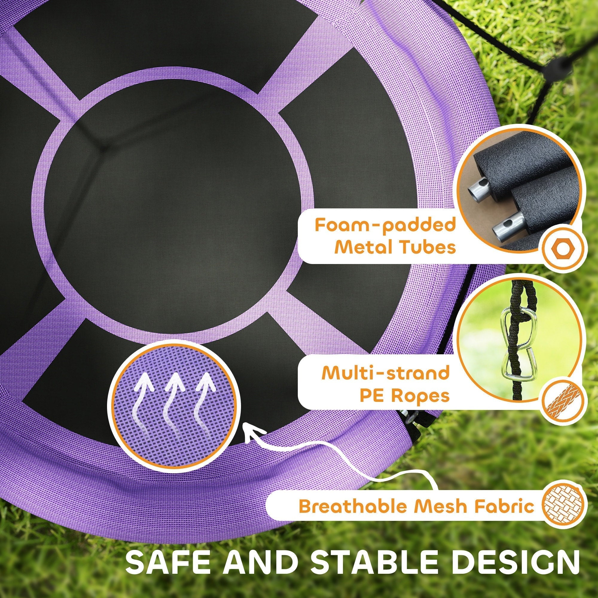 AIYAPLAY 100cm Diameter Nest Seat for Kids with Height Adjustable Hanging Ropes for Outdoor, Playground, Garden, Purple