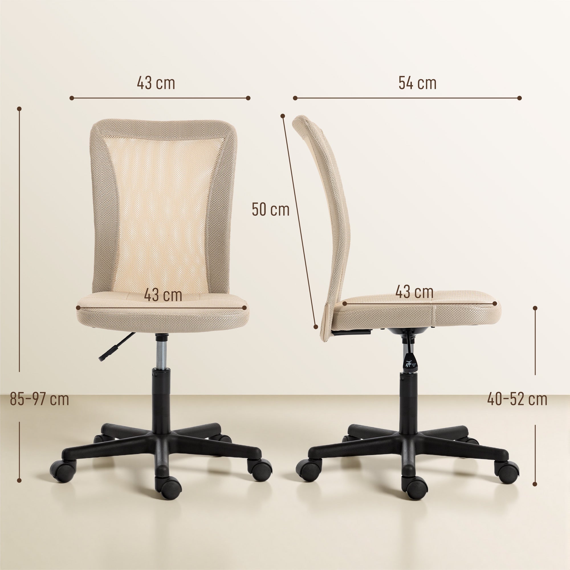 Vinsetto Computer Desk Chair, Mesh Office Chair with Adjustable Height and Swivel Wheels, Armless Study Chair, Beige