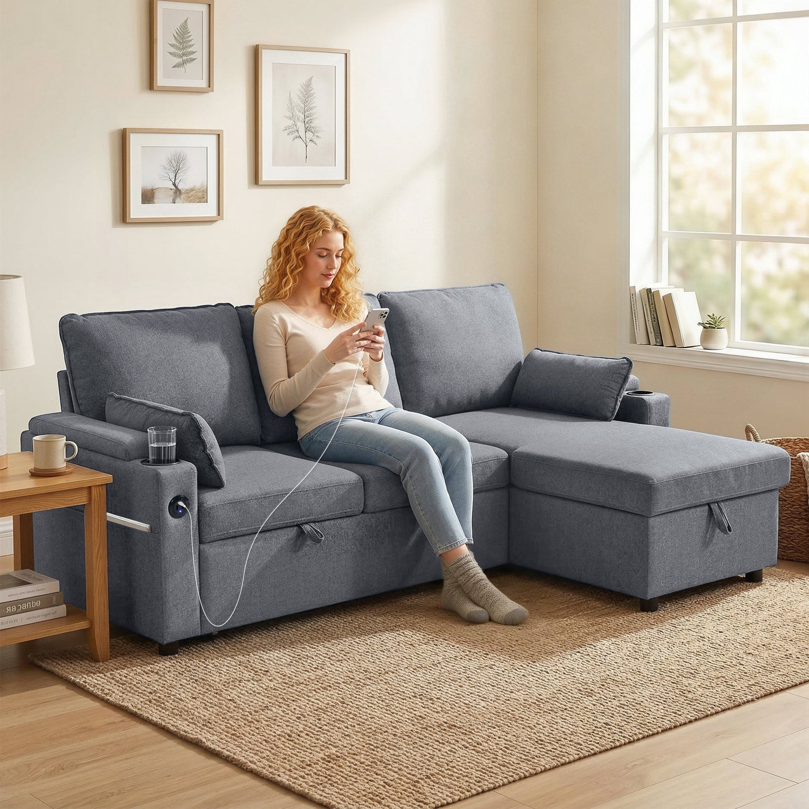 HOMCOM Corner Sofa Bed, L Shaped Sleeper Sectional Sofa with Reversible Storage Chaise, Grey