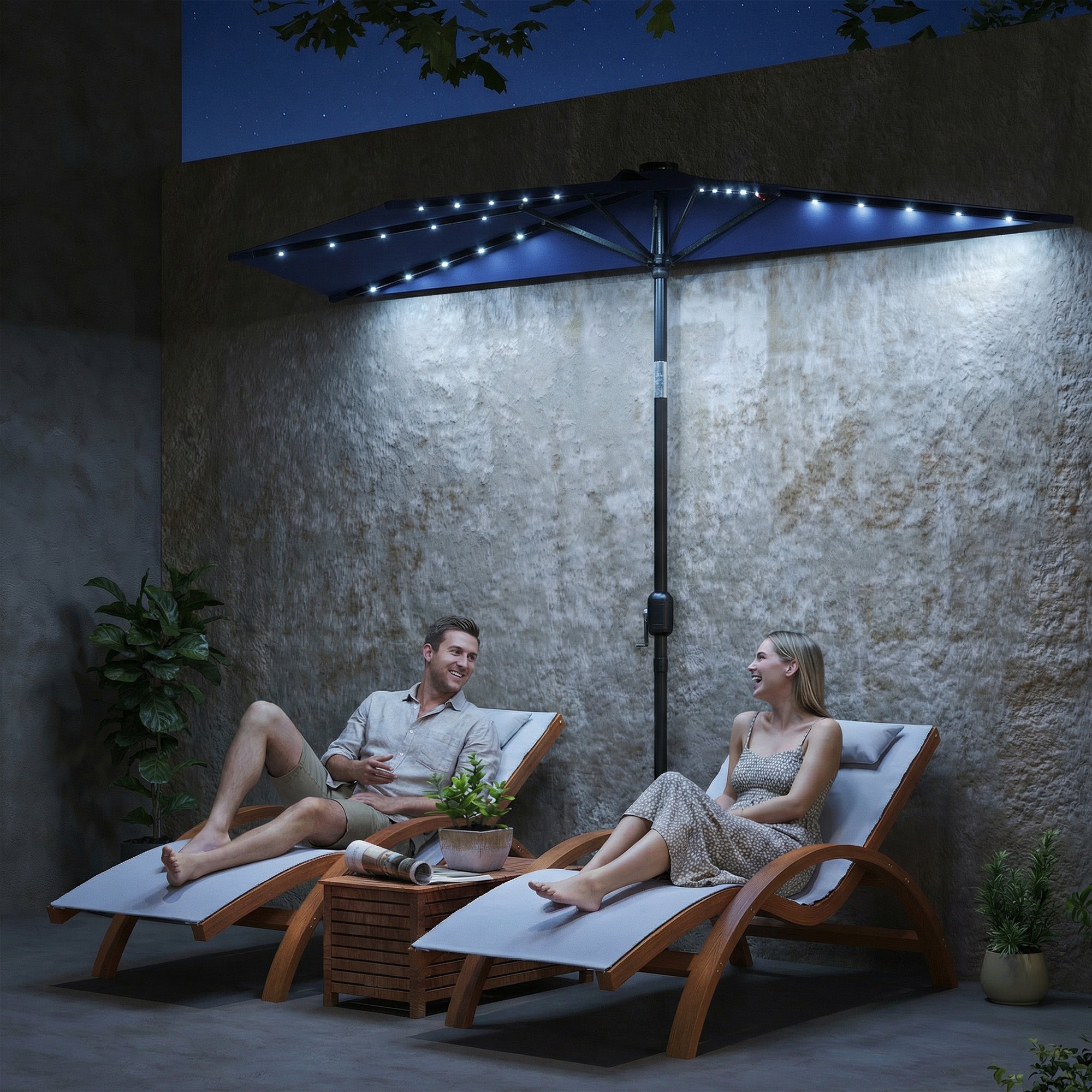 Outsunny 2.6 m Half Garden Parasol with Solar LED Lights, UPF50+ Semi Round Umbrella with 30Â° Tilt, Crank Handle, Dark Blue