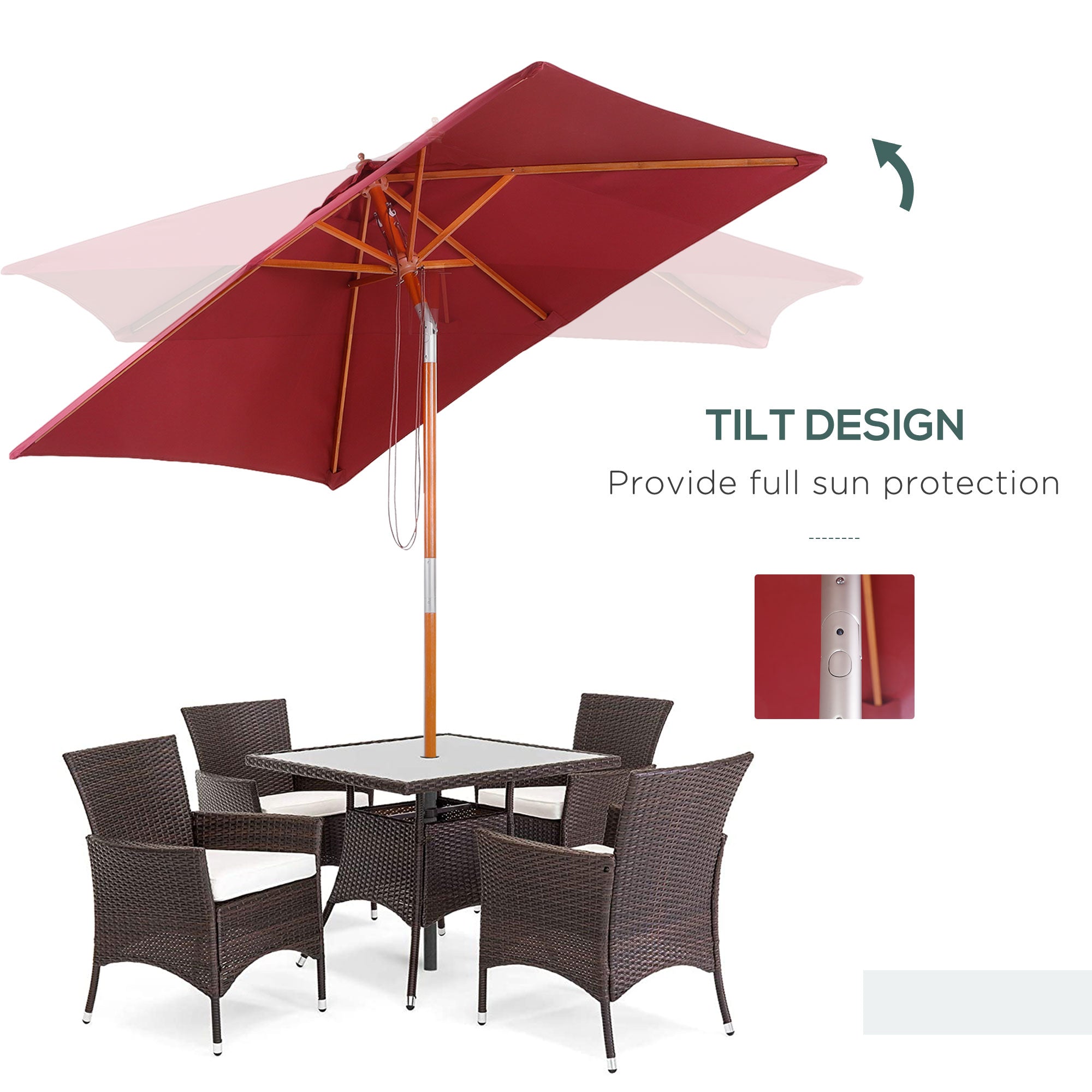 Outsunny 2m x 1.5m Garden Parasol Umbrella with Tilting Sunshade Canopy, Outdoor Market Table Umbrella with Wood and Bamboo Frame, Wine Red