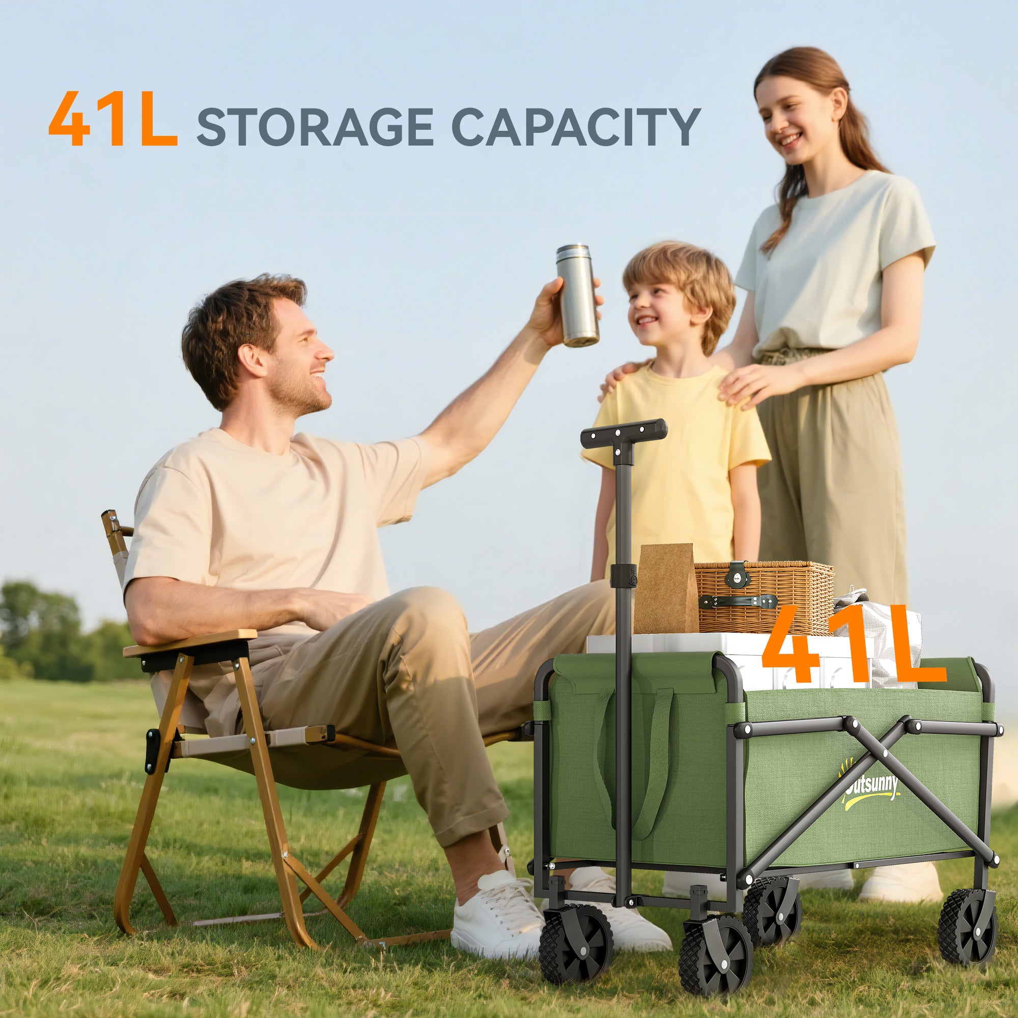 Outsunny 41L Festival Trolley on Wheels, Small Garden Folding Trolley Cart, 60kg Heavy Duty Collapsible Folding Wagon with Adjustable Handle and Carrying Bag for Beach, Camping, Festival, Green
