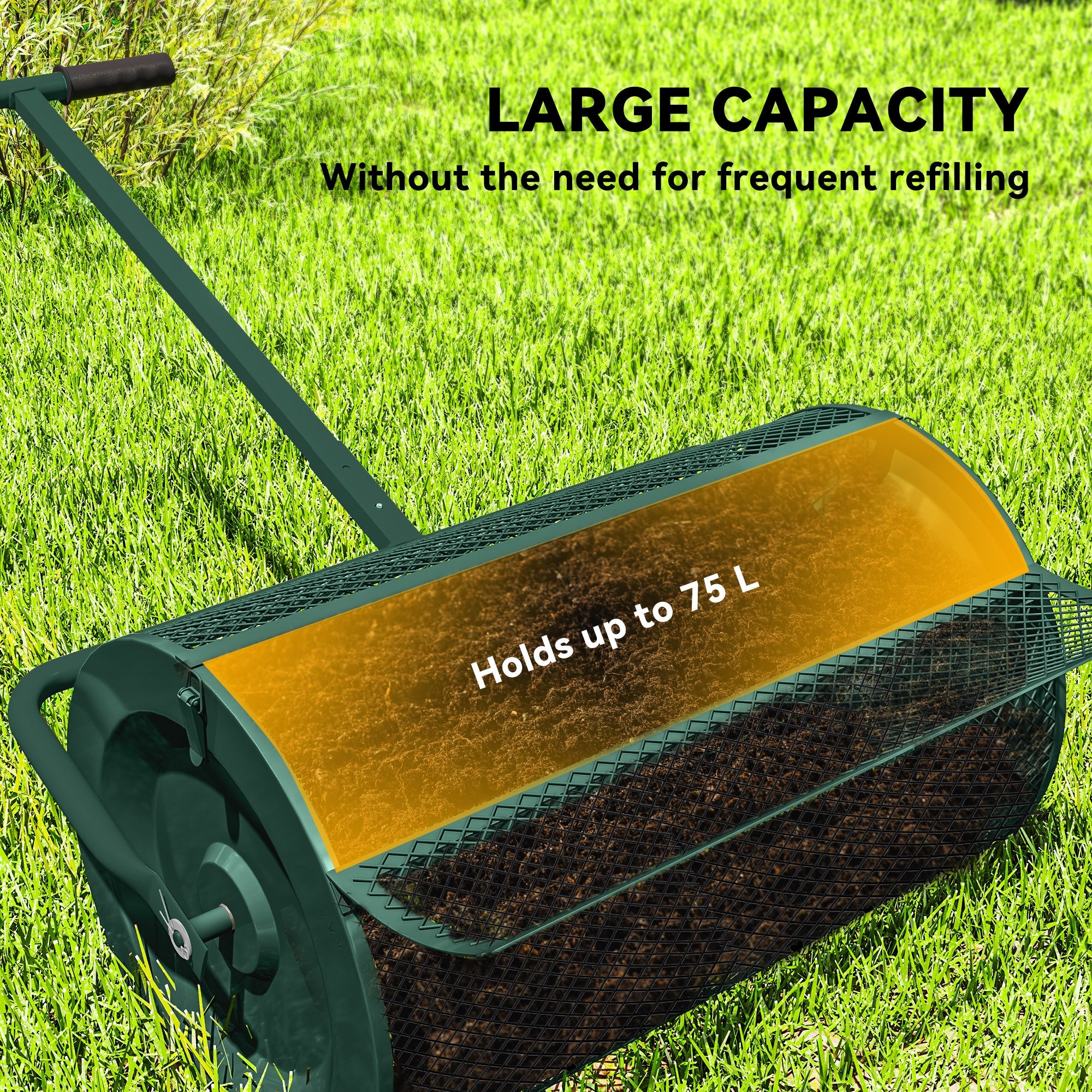 Outsunny Compost Spreader, 24" Peat Moss Spreader with Height Adjustable T Shaped Handle and Metal Mesh Basket, Garden Spreader for Seeding, Spreading Manure, Green
