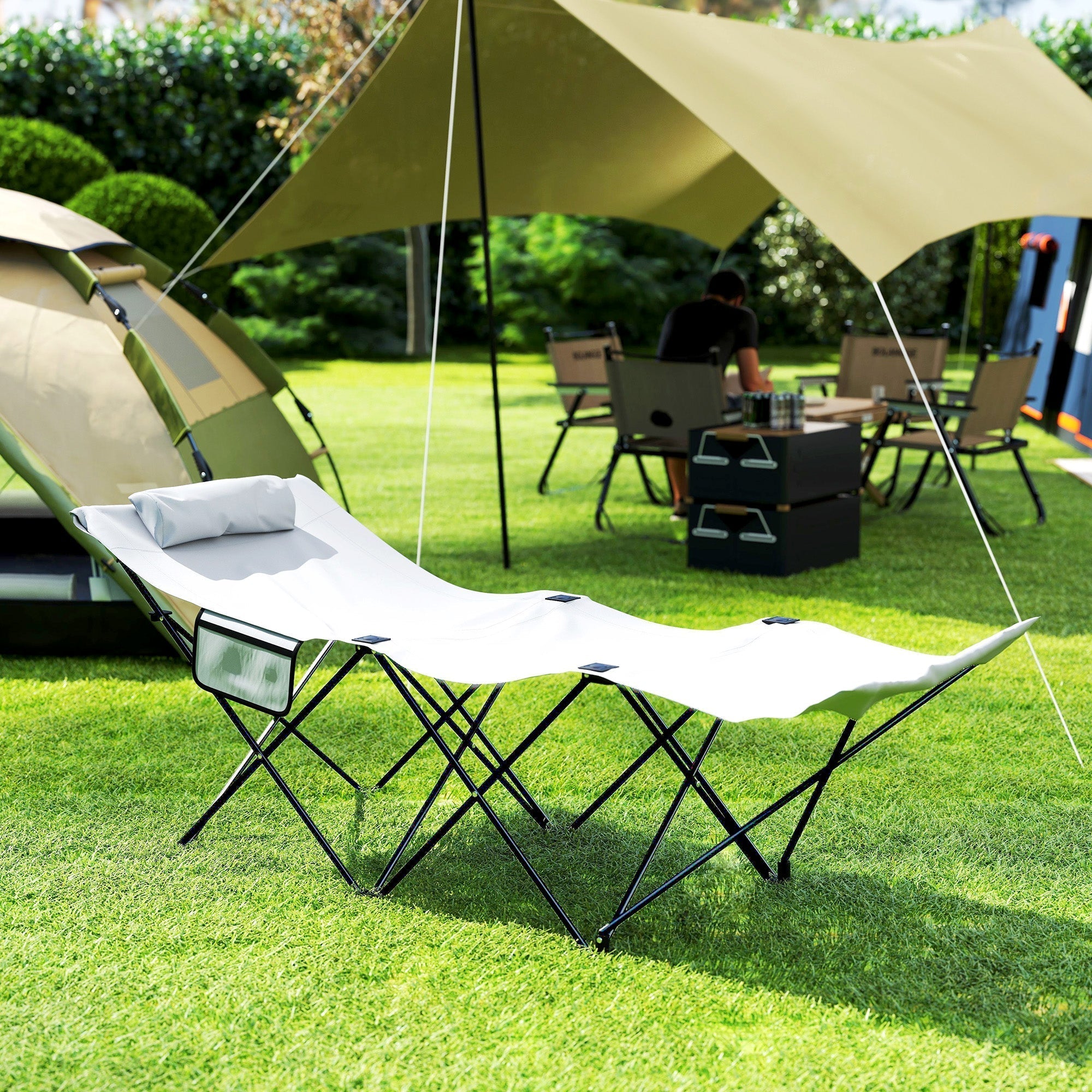 Outsunny Camping Bed for Adults, Single Folding Camp Bed, Portable Camping Cot with Side Pocket, Headrest and Oxford Seat for Outdoor, Travel, Fishing, Light Grey