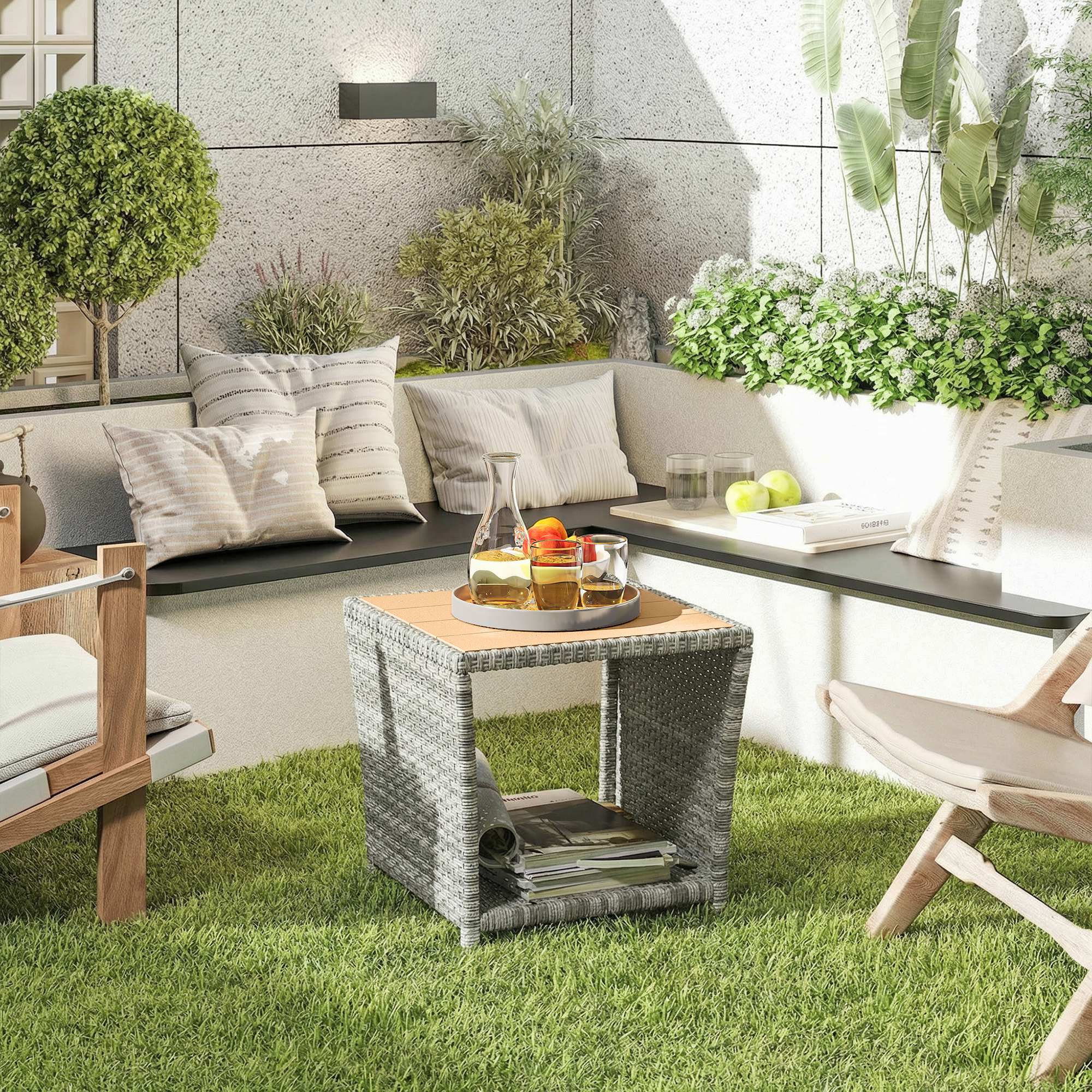 Outsunny Side Table 2-Tier Outdoor Coffee Table with Storage Shelf PS Wood Slat Top/Light Grey