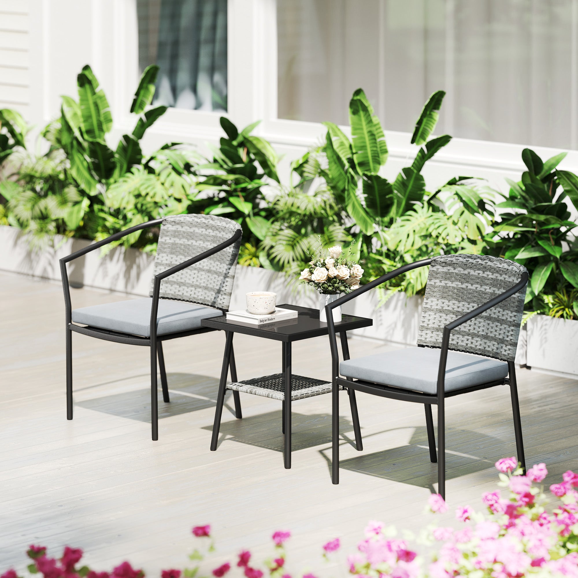 Outsunny 3 Pieces Rattan Bistro Set with Cushions, Wicker Garden Furniture Set, Glass Top Coffee Table and Chairs for Outdoor Patio, Balcony, Terrace and Conservatory, Grey