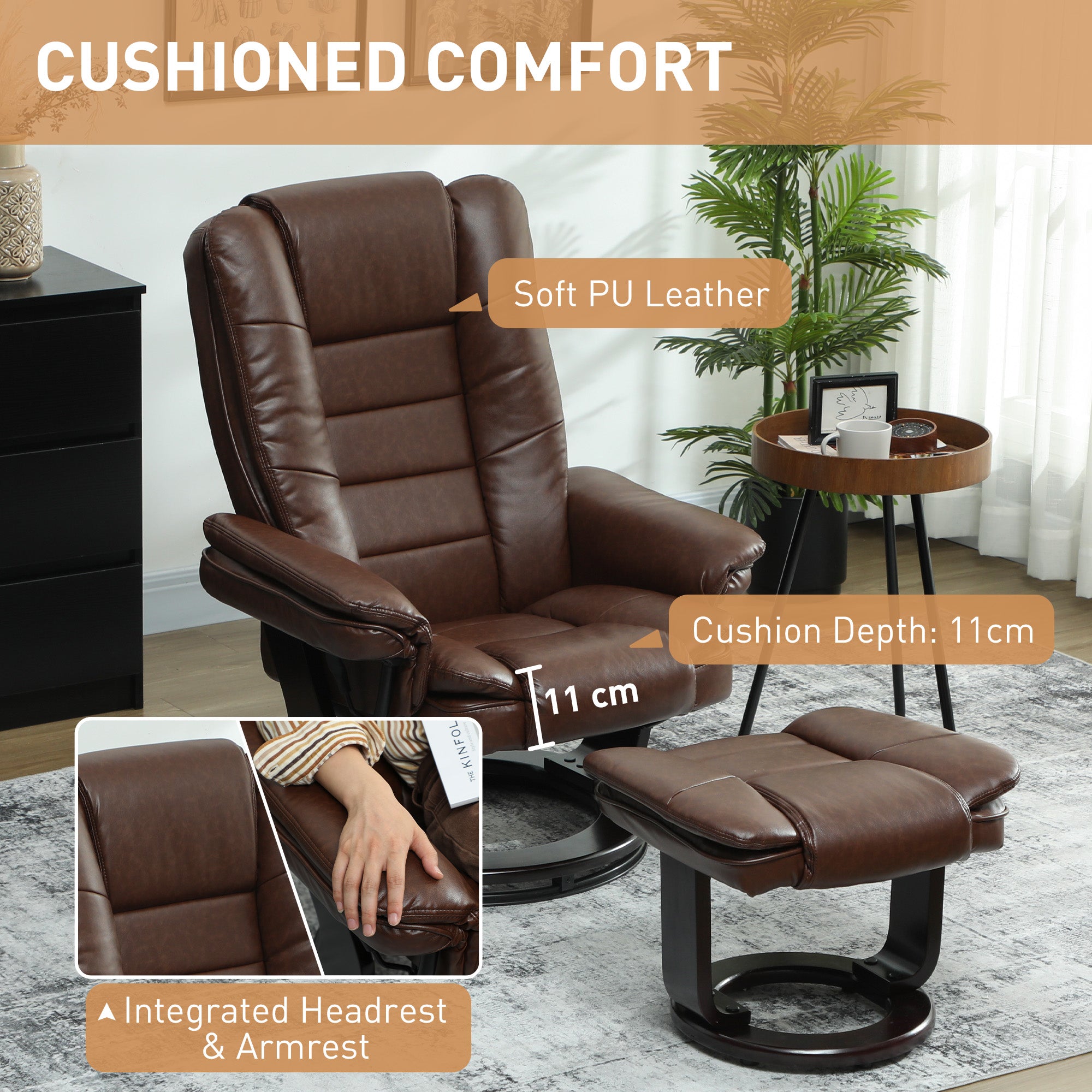 HOMCOM Faux Leather 135√Ç¬∞ Reclining Chair and Footstool - Brown