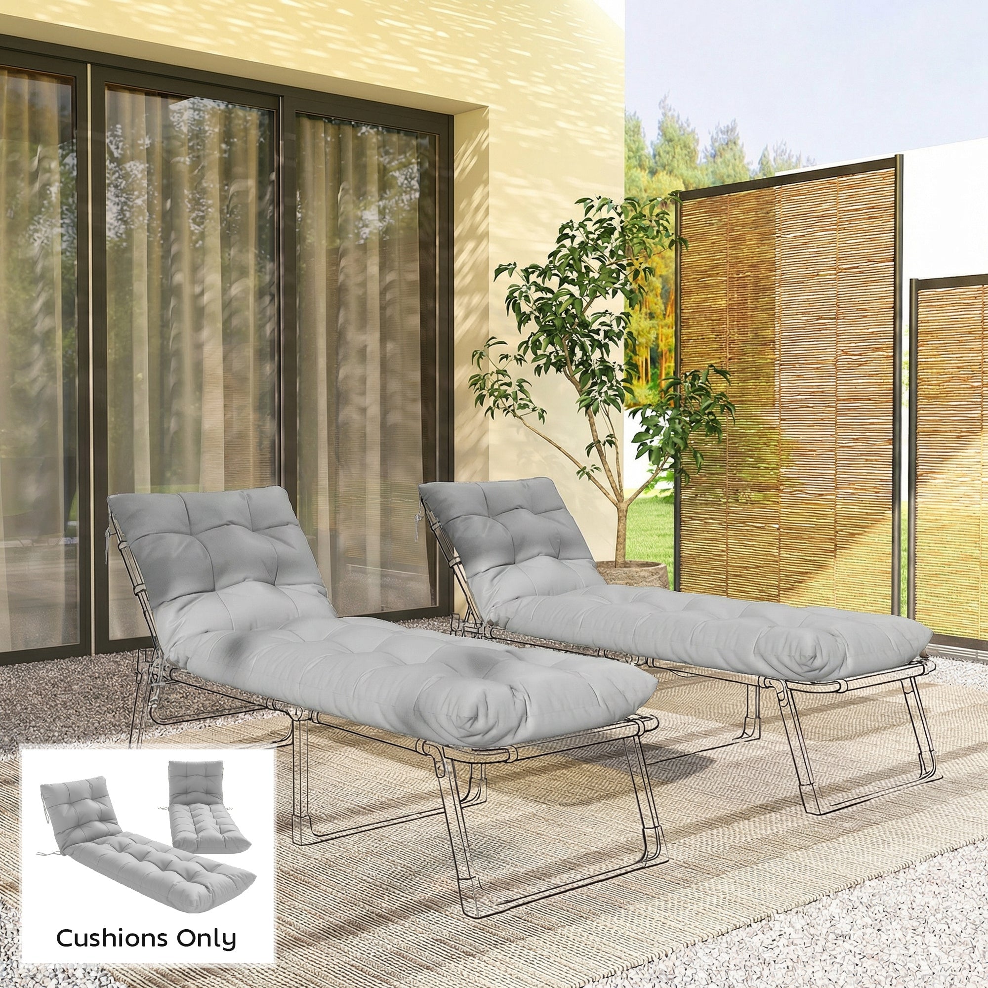 Outsunny Sun Lounger Cushions Only, Garden Lounge Chair Cushions Set of 2, Sunbed Replacement Pads with 4 Ties, Light Grey