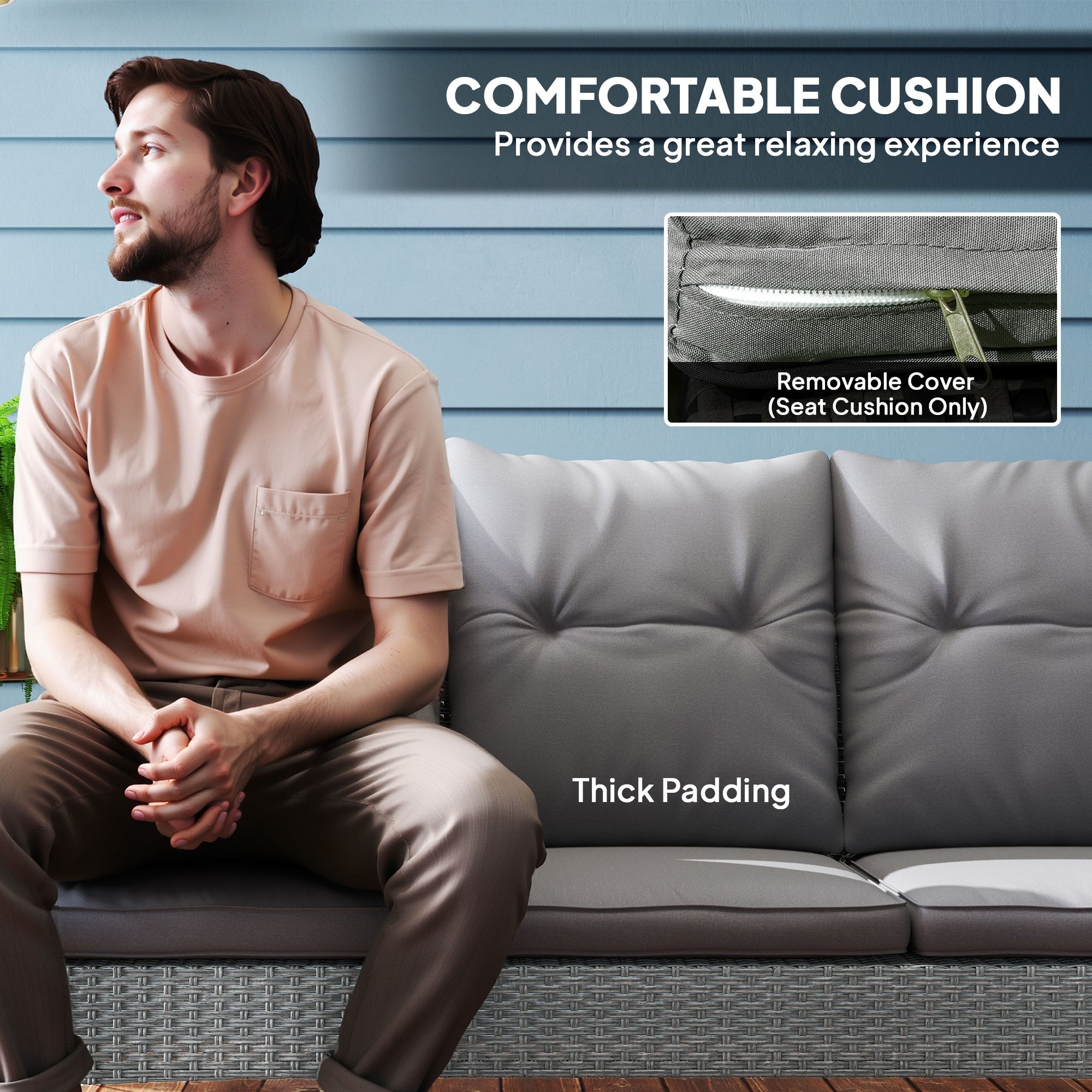 Outsunny 5 Seater Rattan Garden Furniture Set, 6 Piece Garden Sofa Set, Armchairs, 3-Seater Sofa, Footstools, Glass Dining Table, Cushions, Wicker Outdoor Furniture for Conservatory Patio, Grey