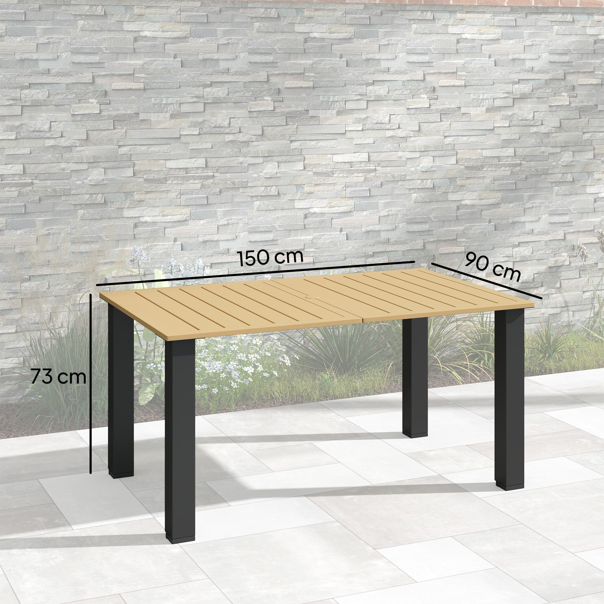 Outsunny Garden Dining Table for 6 with Parasol Hole, Rectangle Outdoor Garden Table with Slatted Metal Top, Steel Frame, Brown